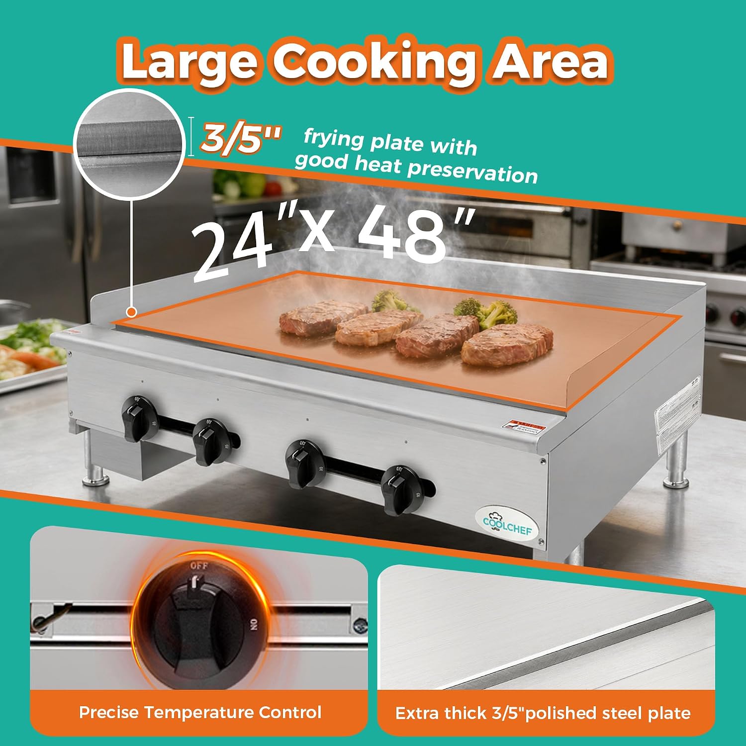 48' Commercial Natural Gas Griddle, Manual Controls, 4 Burners, Heavy Duty Stainless Steel Flat Top Countertop Restaurant Griddle Grill for Restaurant, 120,000 BTU