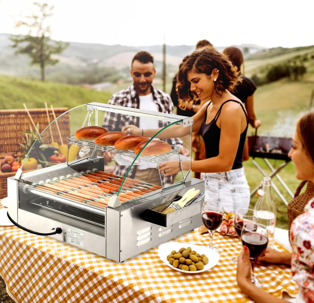 ROVSUN Hot Dog Roller, 30 Hot Dog 11 Rollers ETL Certified, Hot Dog Machine Sausage Grill Cooker with Dual Temp Control, Glass Cover, LED, Side Storage Box, Shelf & Drip Tray for Home Commercial 1650W