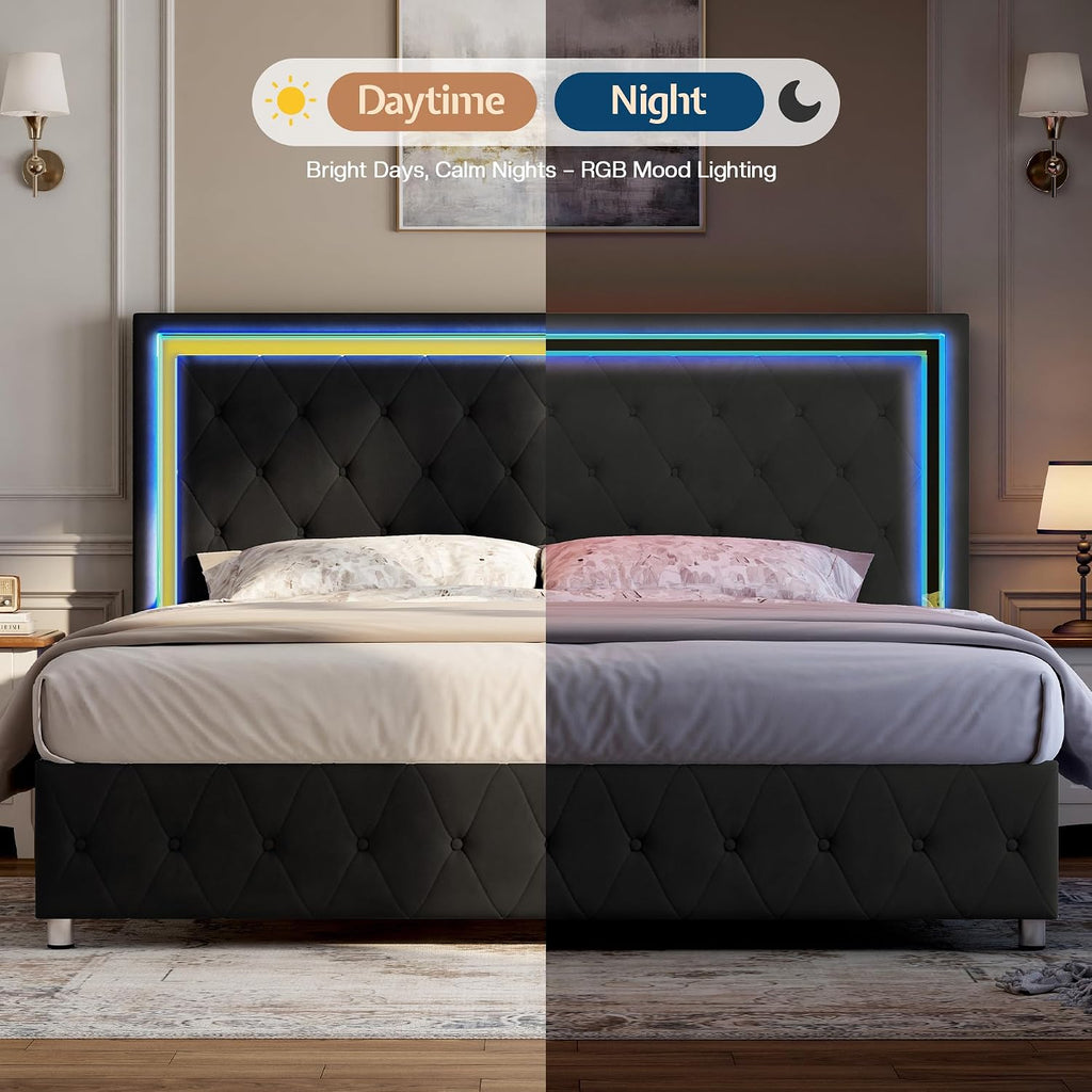 Jocisland Full Bed Frame with LED Lights Headboard&Footboard, Velvet Upholstered Full Size Platform Bed Frame No Box Spring Needed/Black