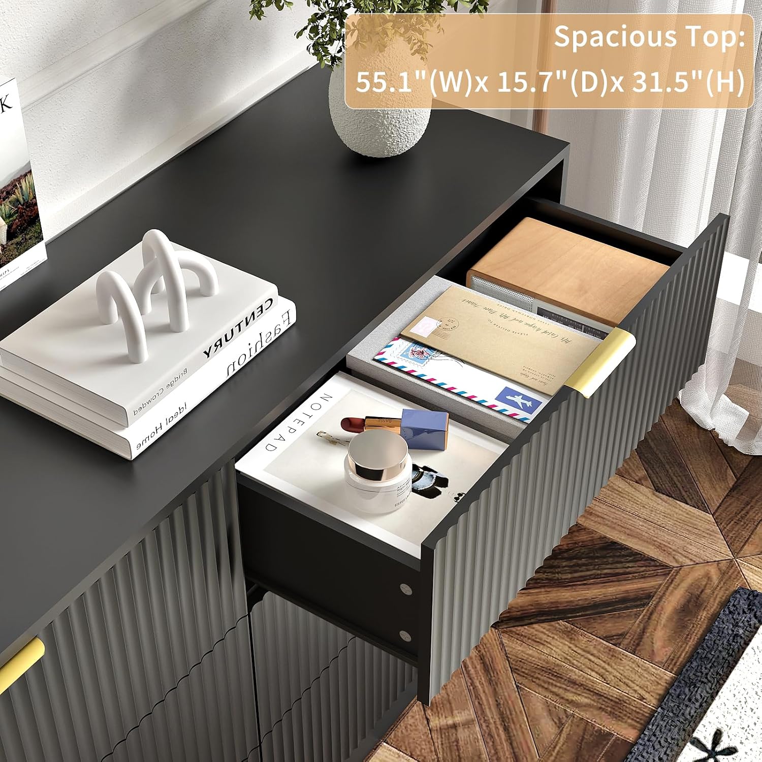 3-Piece Modern Bedroom Furniture Set, Wide 6-Drawer Dresser & 3-Drawer Nightstands Set of 2, Natural Wood Dresser and Nightstand Sets for Bedroom, Hallway, Black