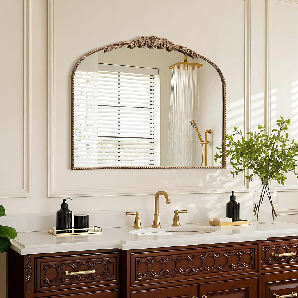 Besdomus Gold Vintage Vanity Mirror: 32'x 24' French Baroque Arched Mirror - Traditional Ornate Antique for Fireplace/Bathroom/Entryway/Dresser - Home Decor for Living Room