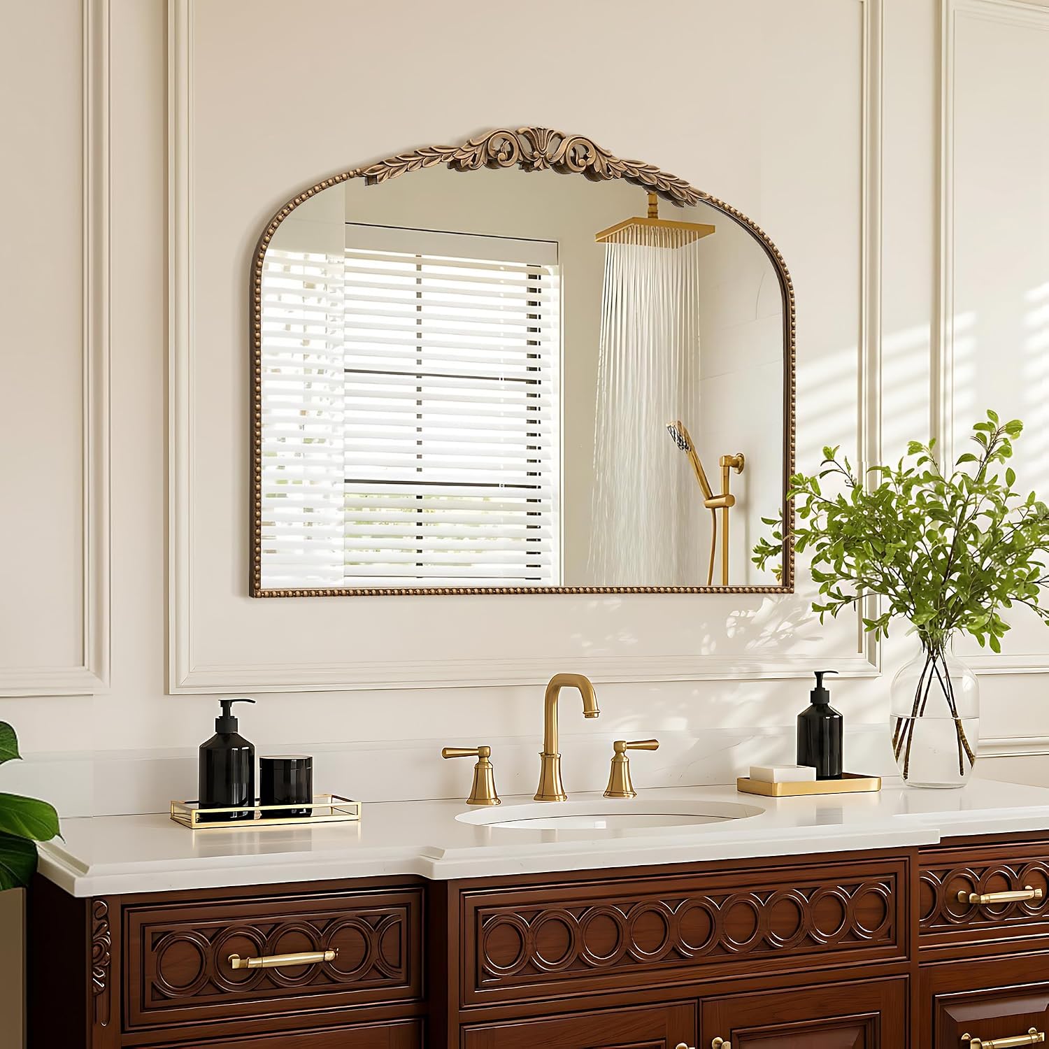 Besdomus Gold Vintage Vanity Mirror: 32'x 24' French Baroque Arched Mirror - Traditional Ornate Antique for Fireplace/Bathroom/Entryway/Dresser - Home Decor for Living Room