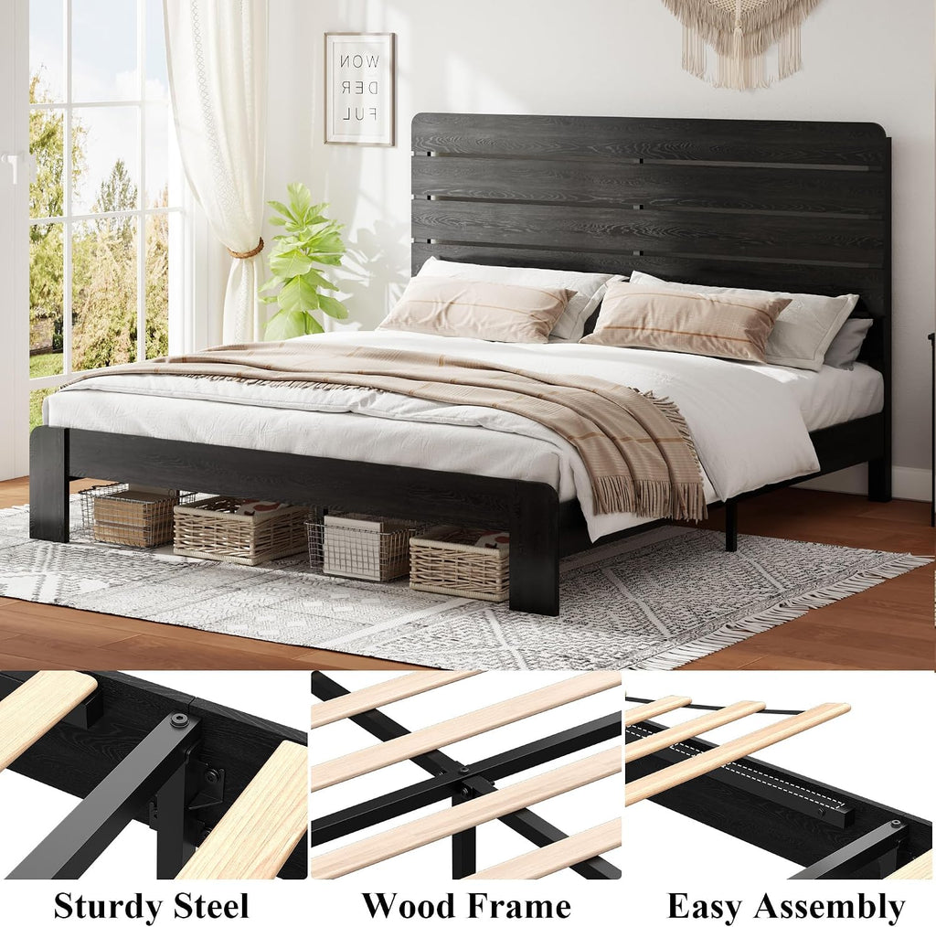 Wooden King Size Bed Frame with Headboard, Rustic Farmhouse Platform Bedframe with Wood Slat Support, Sturdy and No Noise, Easy Assembly (Black, King)