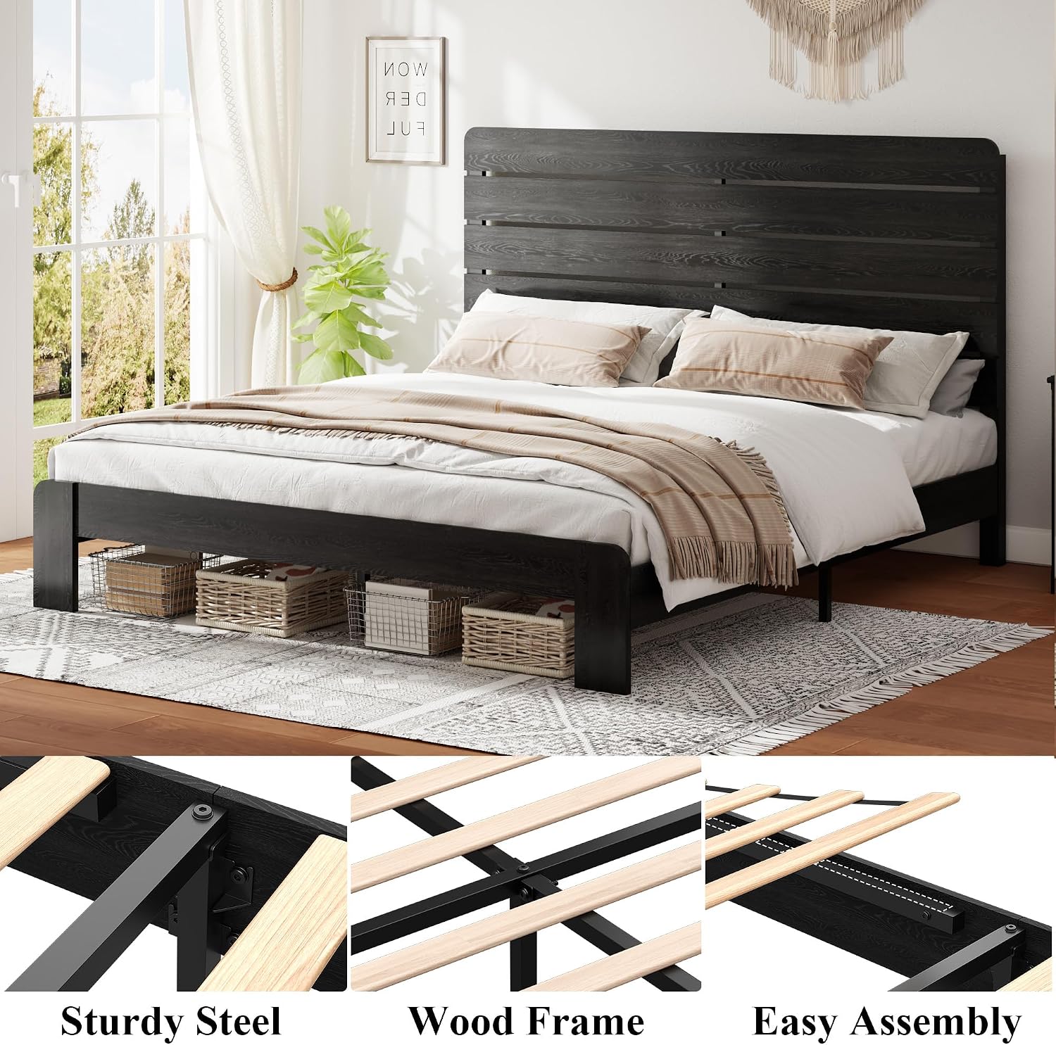 Wooden King Size Bed Frame with Headboard, Rustic Farmhouse Platform Bedframe with Wood Slat Support, Sturdy and No Noise, Easy Assembly (Black, King)