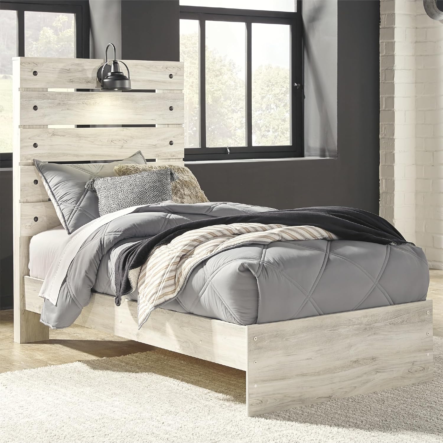Signature Design by Ashley Cambeck Farmhouse Twin Panel Bed with Sconce Light and USB Ports, Foundation or Box Spring Needed, Whitewash