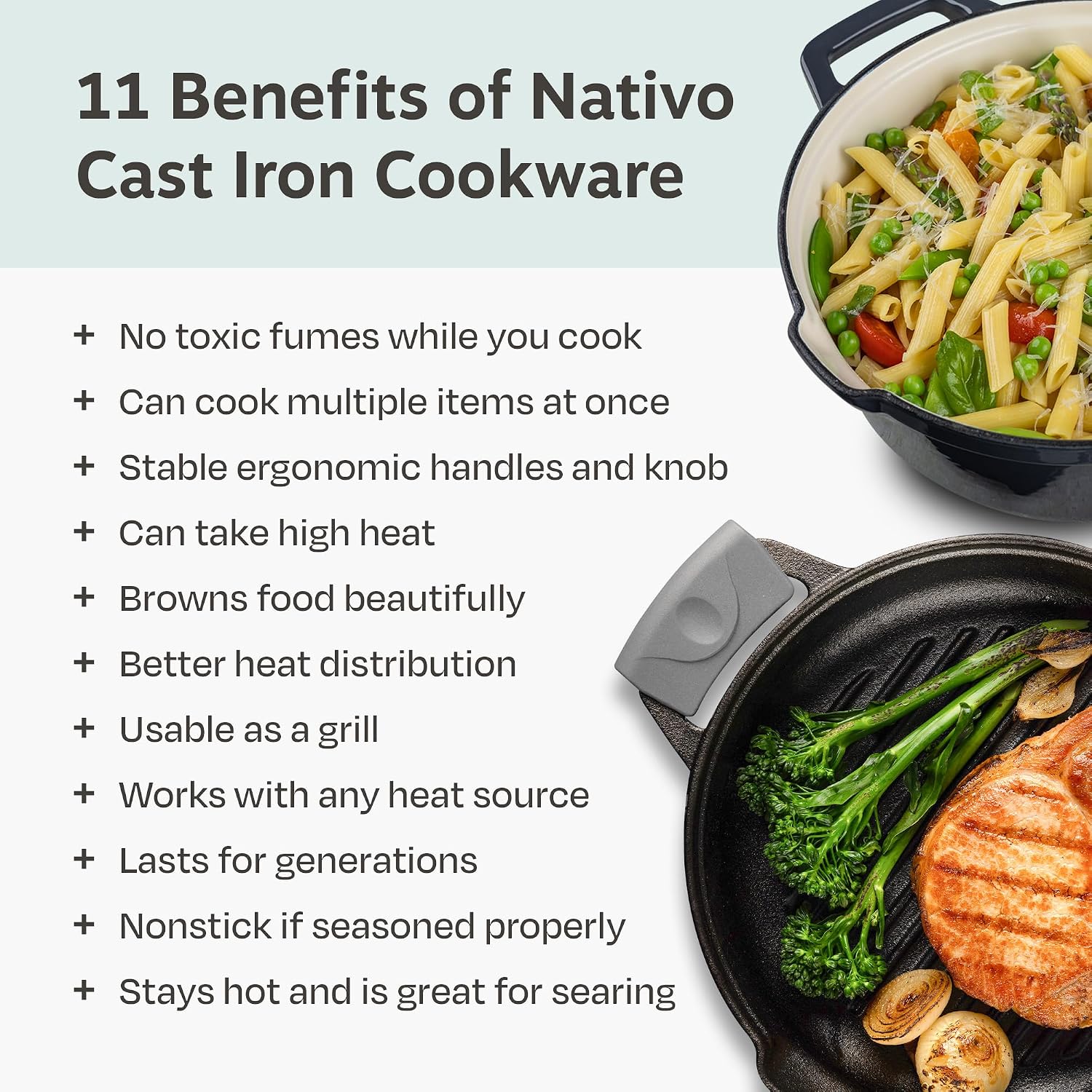 NATIVO 5 pc Stackable Cast Iron Cookware Set, Versatile Enamel Dutch Oven, Seasoned Grill Pan & Enamel Braiser with Precision Pour Spouts, Universal Lid, Included Spacers/Handle Holders, Stormy Grey