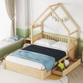 VilroCaz Wood Queen Size House Platform Bed with Safety Fence, Montessori Platform Bed with House Shape Headboard and 2 Drawers for Kids Boys Girls, Sturdy Slats Support (Natural-Q)