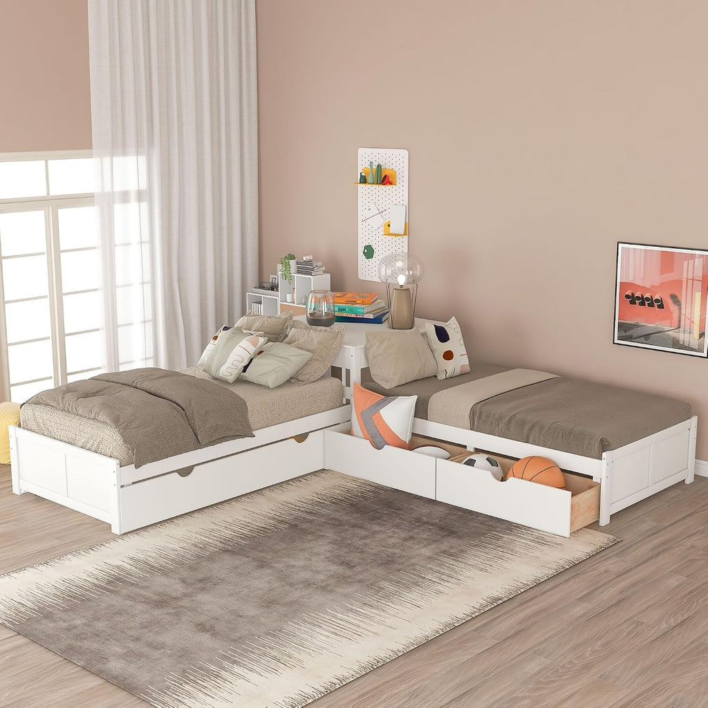 Merax Storage Daybed with Trundle, Twin Size L-Shaped Platform Bed with Convertible Trundle, Two Drawers and Built-in Desk for Living Room, Bedroom, Guest Room, No Box Spring Needed (White)