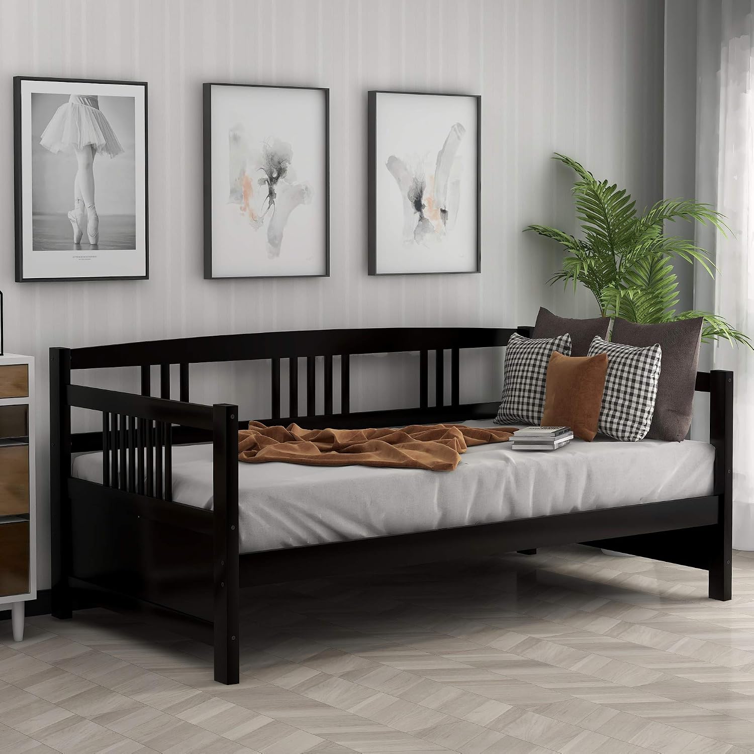 Harper & Bright Designs Twin Size Daybed Frame, Solid Wood Day Bed Frame, Twin Sofa Bed for Living Room, Bedroom, No Box Spring Needed, Espresso Daybed