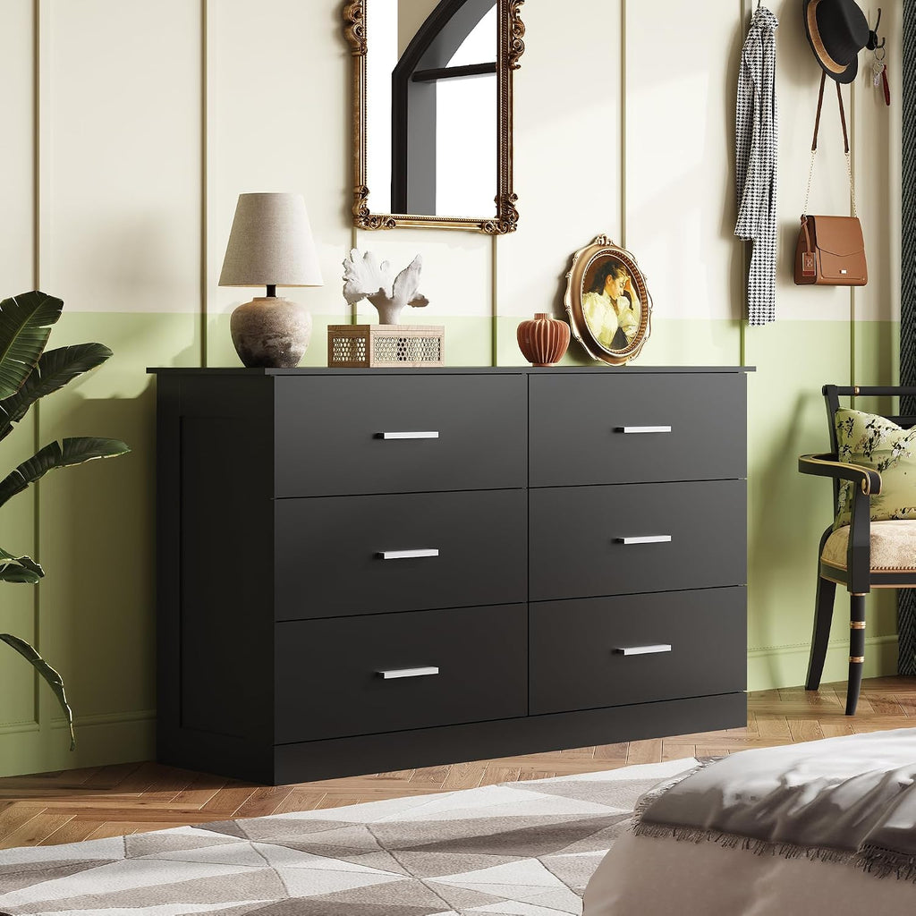 WLIVE Wood Dresser for Bedroom, Black 53'' Wide Chest of Drawers with 6 Drawer, Oak Furniture Large Storage Tower Unit, Closet Store Organizer for Living Room, Hallway, TV Stand, Modern Minimalist
