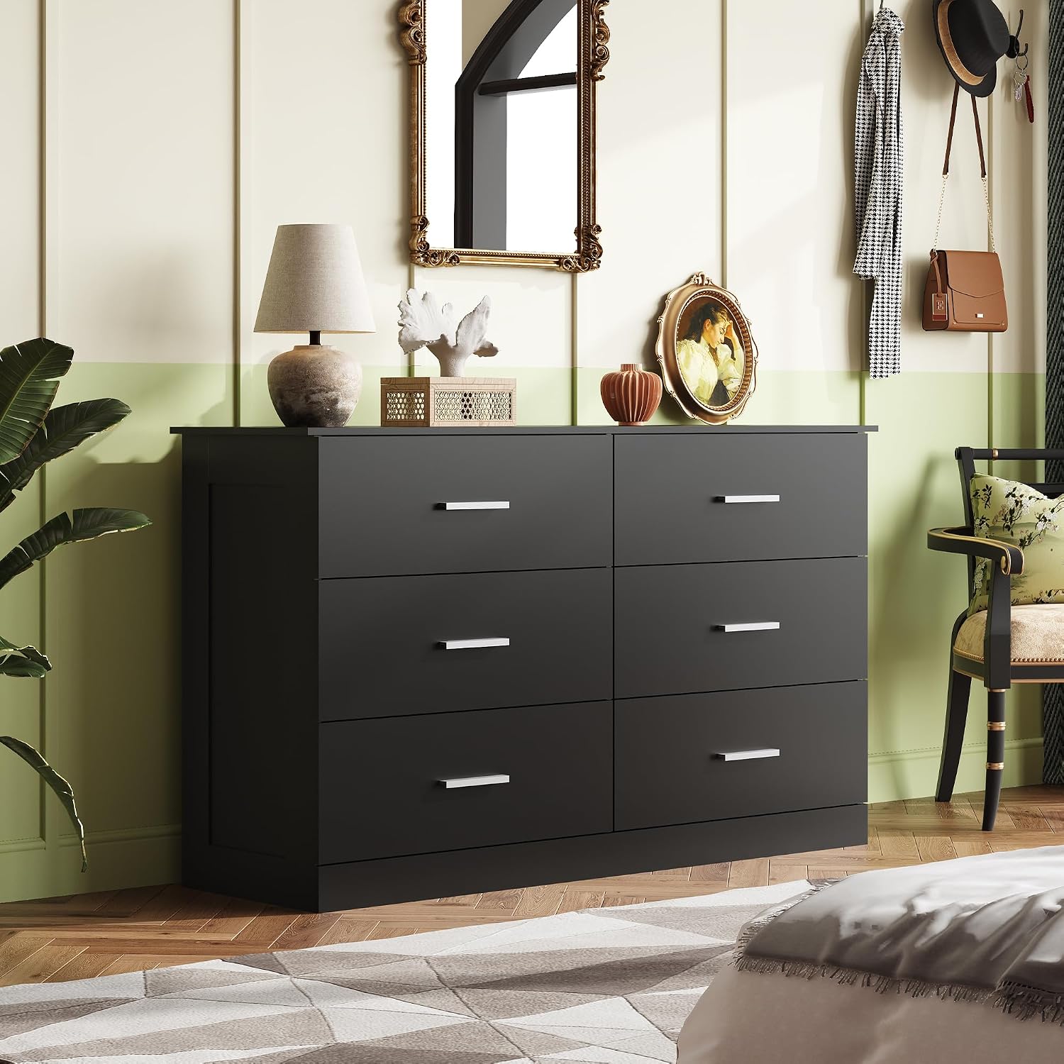 WLIVE Wood Dresser for Bedroom, Black 53'' Wide Chest of Drawers with 6 Drawer, Oak Furniture Large Storage Tower Unit, Closet Store Organizer for Living Room, Hallway, TV Stand, Modern Minimalist