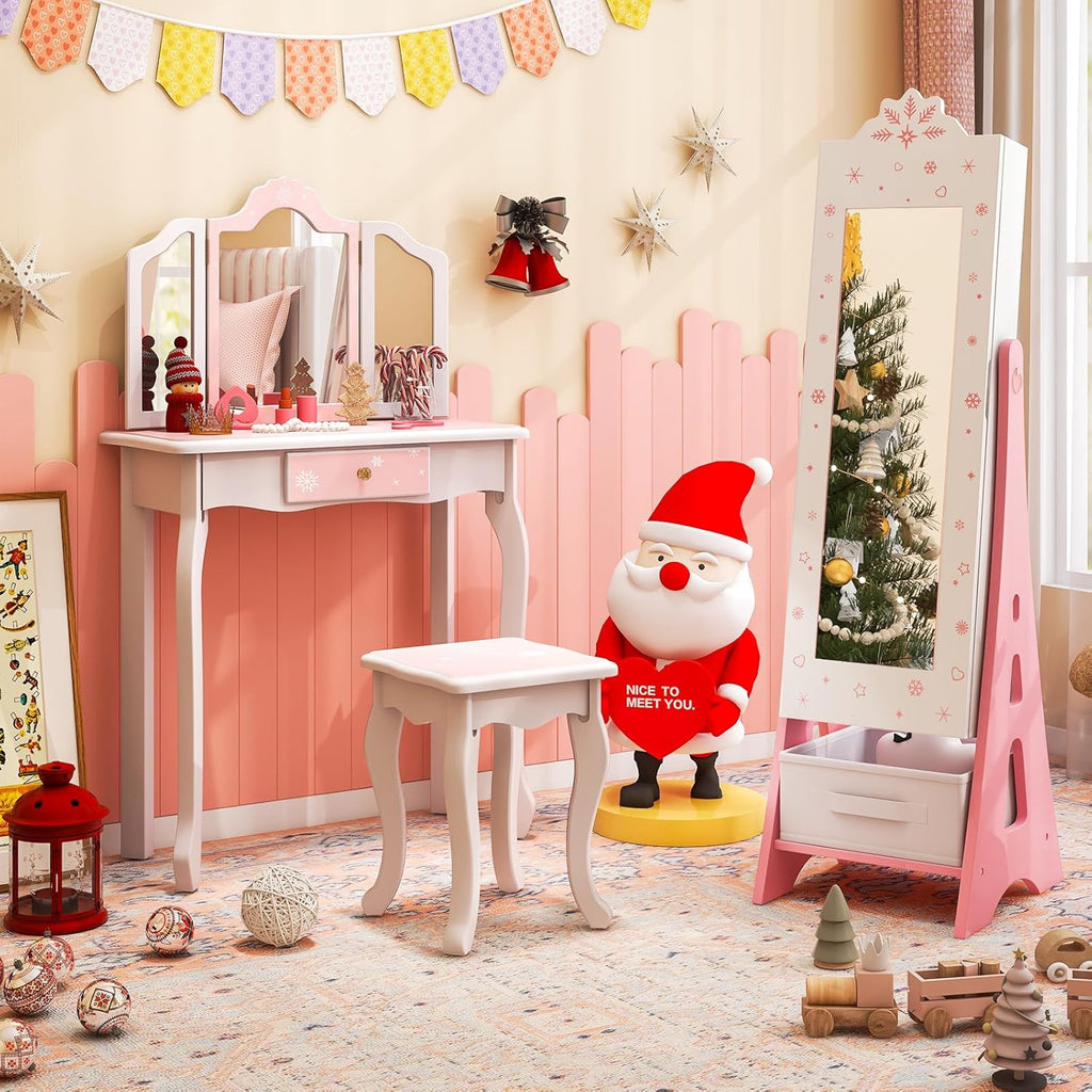 Costzon Kids Vanity & Jewelry Armoire Cabinet, Kids Vanity Table and Chair Set, Standing Jewelry Organizer with Full-Length Mirror, Kids Bedroom Furniture Set for Girls, Snowflake Print (White)
