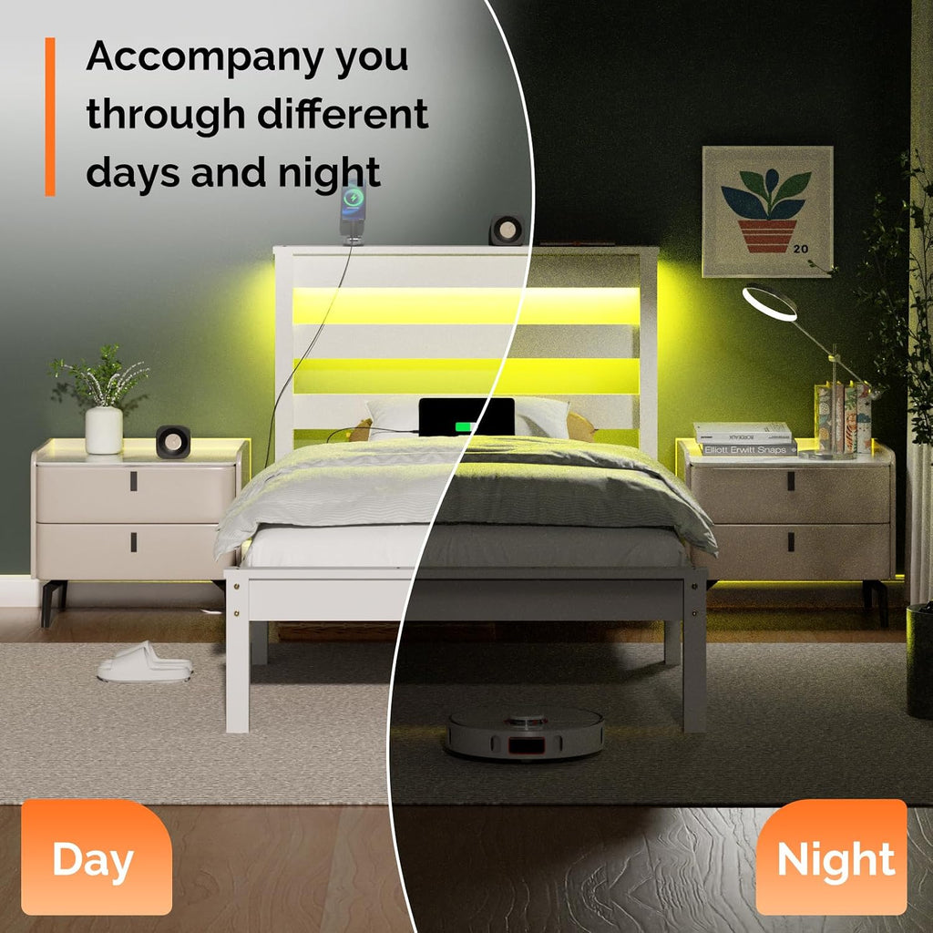 Bonnlo Solid Wood Twin Size Bed Frame with Storage Shelf Headboard, Charging Station and LED Lights, White Platform Panel Bed for Kids,Teens Adults, Mattress Foundation Replacement
