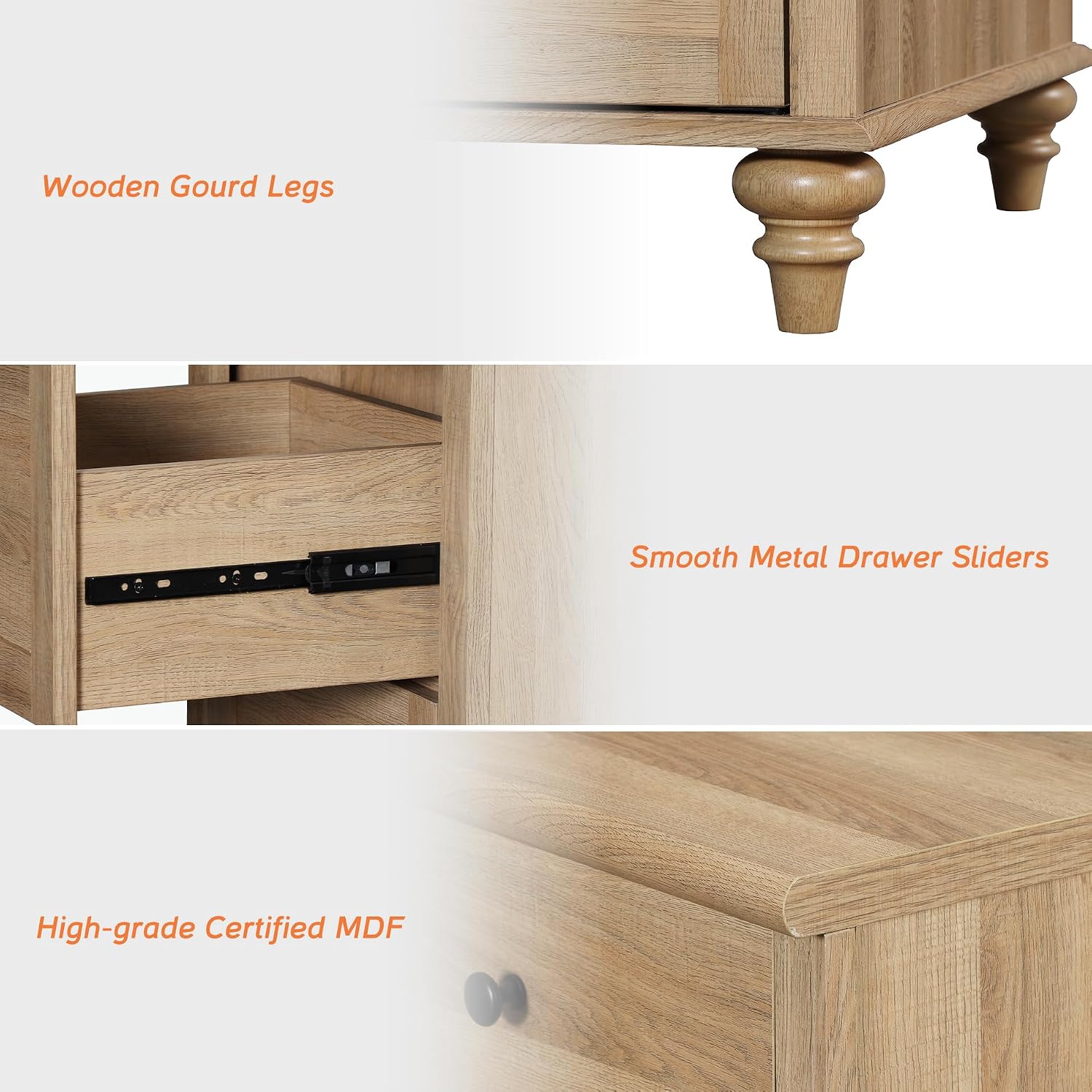 WAMPAT 4 Piece Bedroom Set, Set of 2 Wooden Dressers with 3 Drawers, Set of 2 Rattan Bedside Table Side Tables with Charging Station, 4 Piece Dresser and Nightstand Sets, Oak