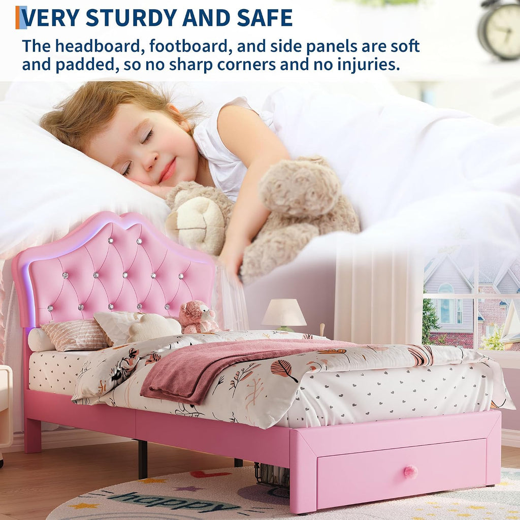 Garvee Twin Size Bed Frame with LED Lights & Velvet Crystal Button Headboard, Upholstered Princess/Girl Platform Bed with Storage Drawer, Noise Free, No Box Spring Needed for Kids, Teens, Pink