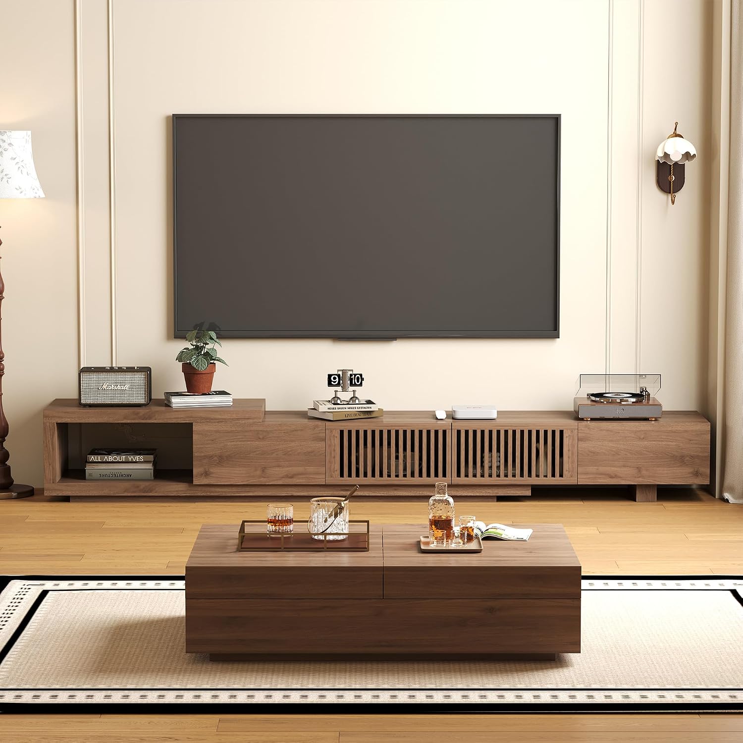 Mid-Century Modern TV Stand & Expandable Coffee Table Set, Walnut Finish, Stylish Storage Combo for Living Room or Bedroom (78.54' to 103' TV Stand+Coffee Table)
