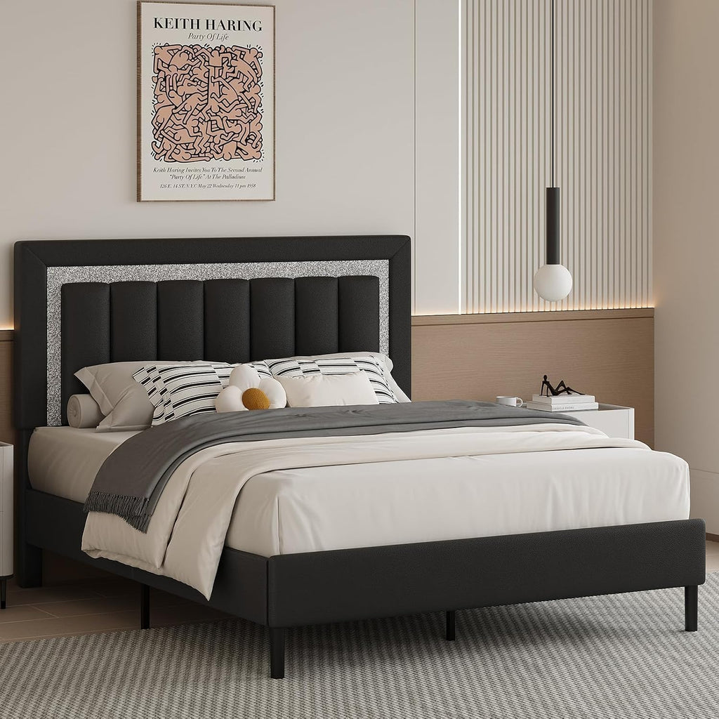 HOMBCK Queen Size Bed Frame with Headboard, Bed Frame Queen with Diamond Vertical Design,Platform Bed Frame with Faux Leather Upholstered,Wooden Slats - No Box Spring Needed, Black