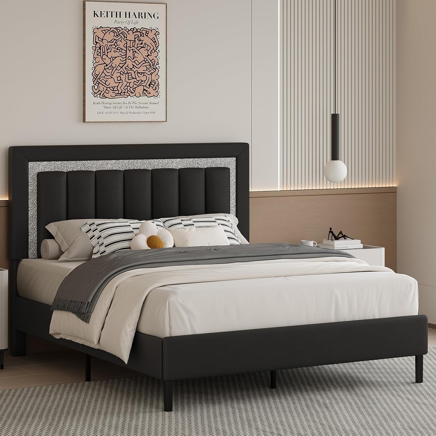 HOMBCK Queen Size Bed Frame with Headboard, Bed Frame Queen with Diamond Vertical Design,Platform Bed Frame with Faux Leather Upholstered,Wooden Slats - No Box Spring Needed, Black