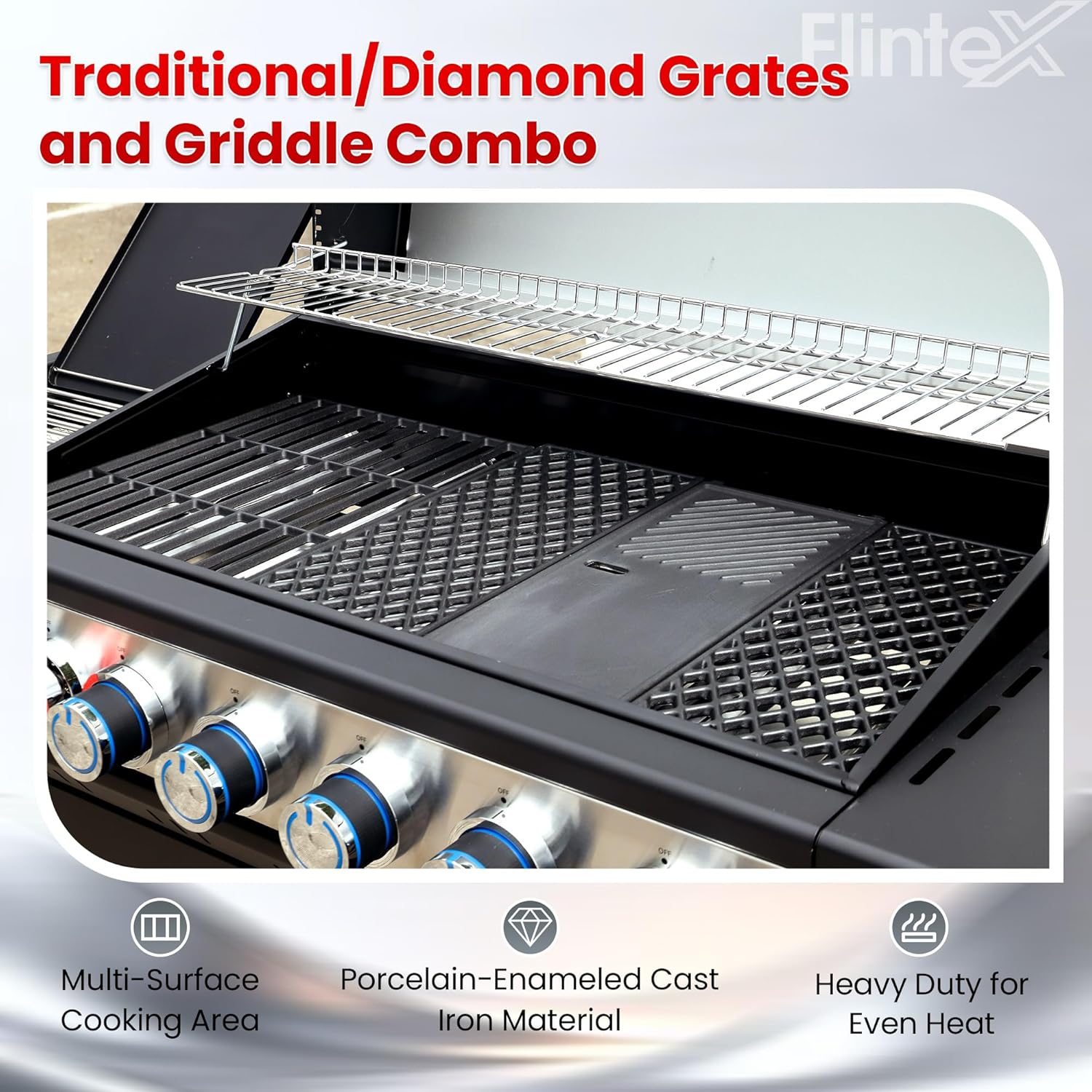 Flintex Multi-Function Propane Gas Grill with Various Grates, 6-Burner Outdoor BBQ Grill with Porcelain-Enameled Cast Iron Grates & Griddle, 54,600 BTU Output, 625 sp.in. Cooking Area, Black