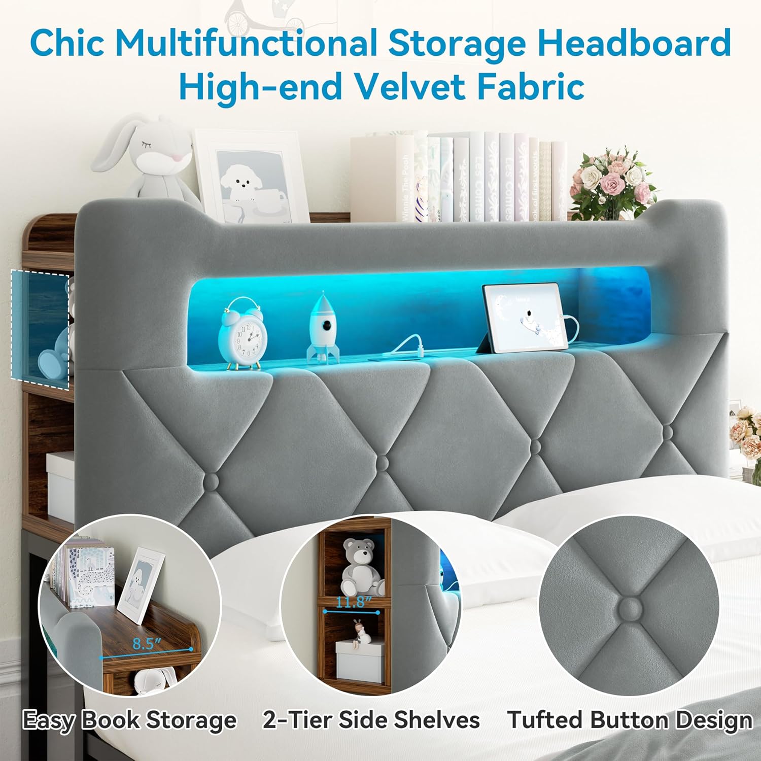 Jocoevol Full Upholstered LED Bed Frame with 2 Storage Drawers and 2-Tier Storage Headboard, Velvet Platform Bed with Charging Station & Bookcase, Heavy Duty Metal Support, No Box Spring Needed, Grey