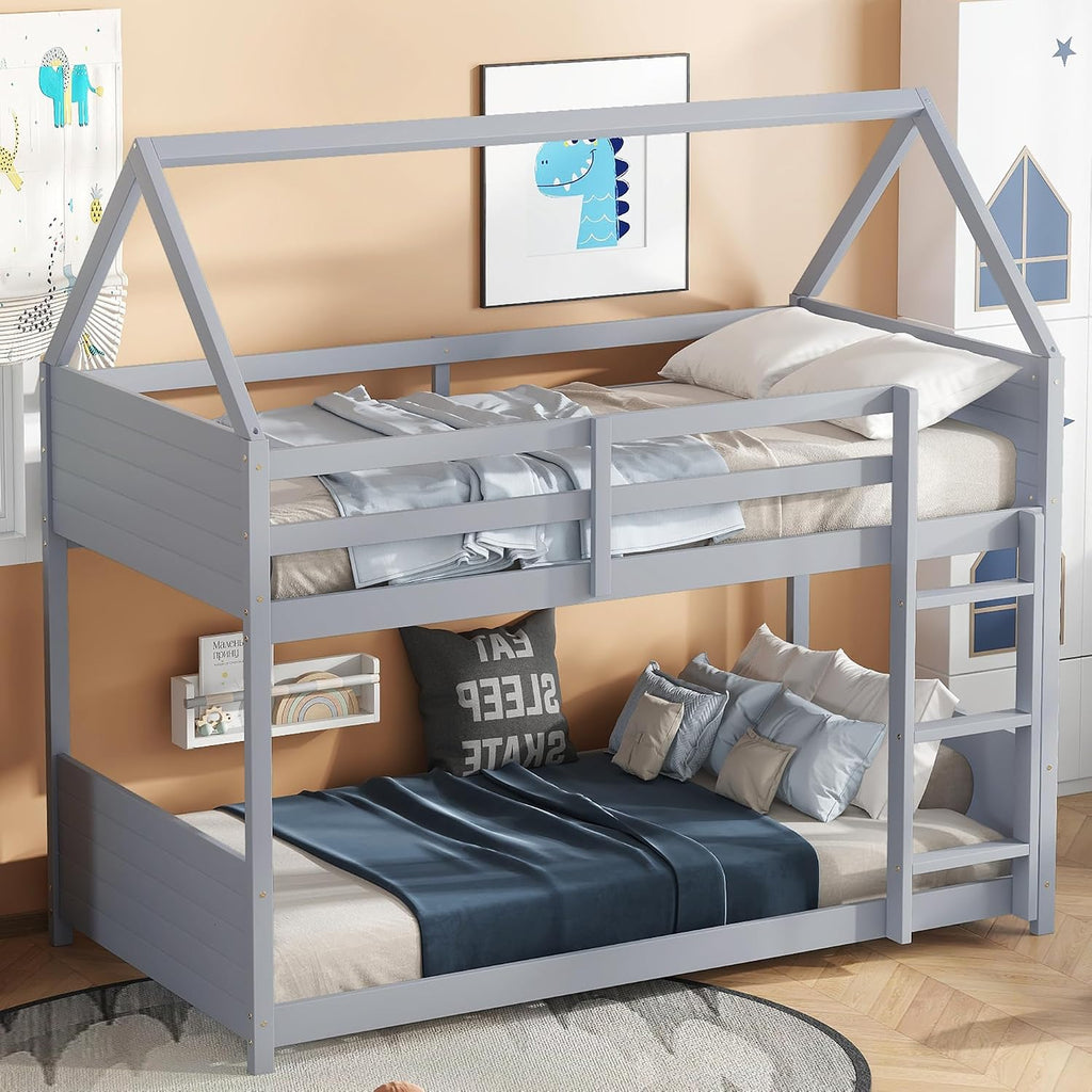 Bellemave Twin Over Twin Bunk Bed, Wooden House Bunk Bed with Ladder and Guardrail for Bedroom, Dormitory, Floor Bunk Beds with Headboard and Footboard for Kids, Teens, No Box Spring Needed, Grey