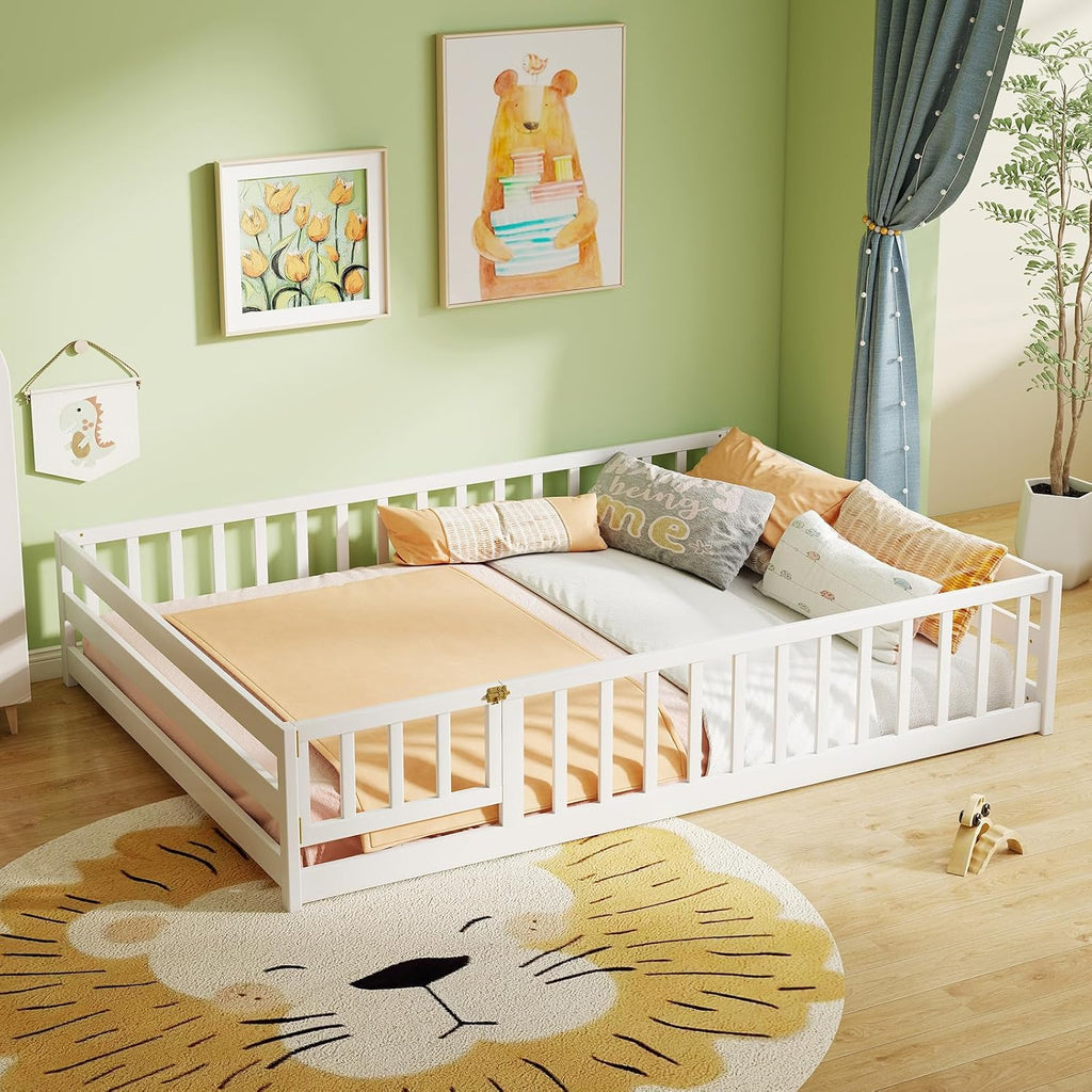 KOMFOTT Full Size Wood Floor Bed with Door & Fence, Montessori Bed Frame with Full Length Safety Guardrails, Door & Latch, Wooden Montessori Floor Bed for Kids, Girls, Boys (Full,White)