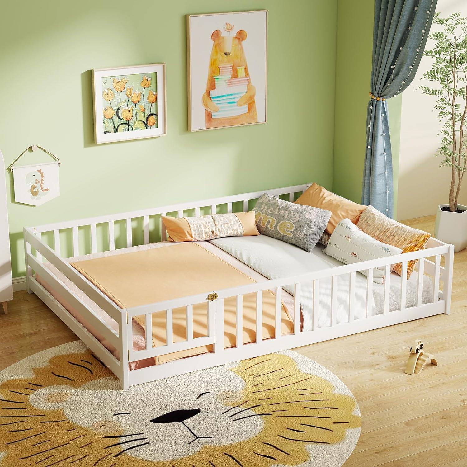 KOMFOTT Full Size Wood Floor Bed with Door & Fence, Montessori Bed Frame with Full Length Safety Guardrails, Door & Latch, Wooden Montessori Floor Bed for Kids, Girls, Boys (Full,White)