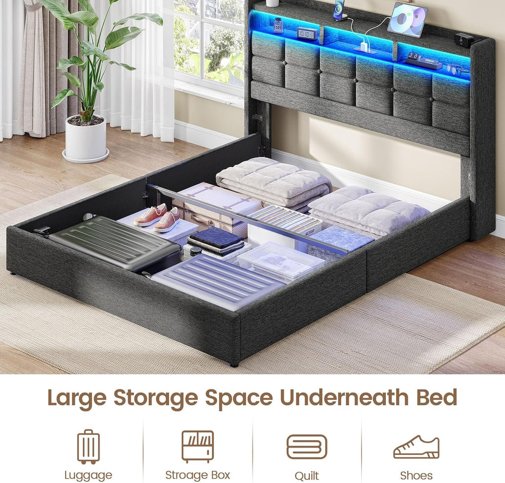 Driftalia Lift Up Full Size Bed Frame with Storage, Upholstered Full Bed Frame with LED Lights Headboard and Charging Station, No Box Spring Needed, Easy Assembly - Dark Grey