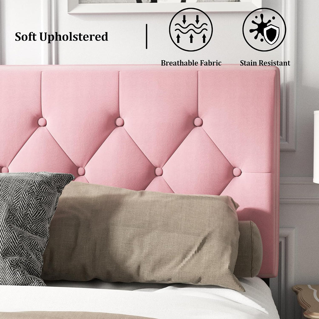 HAOARA Twin Size Platform Bed Frame with Upholstered Button Tufted Headboard, Mattress Foundation with Wooden Slat Support, Noise Free, No Box Spring Needed, Easy Assembly, Pink Velvet