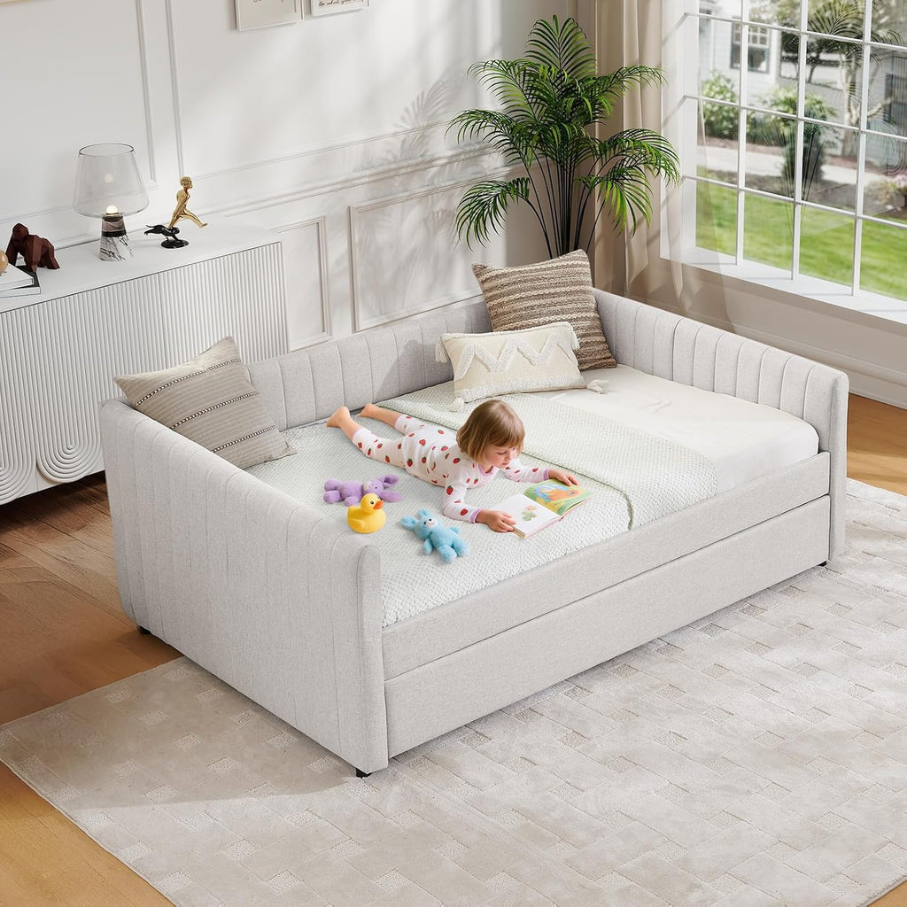 Twin to King Daybed with Trundle, USB Ports Soft Upholstered Daybed with Pop Up Trundle Bed Twin , Modern Extendable Day Bed Frame for Kids Bedroom Living Room Guest Room Small Places Linen White
