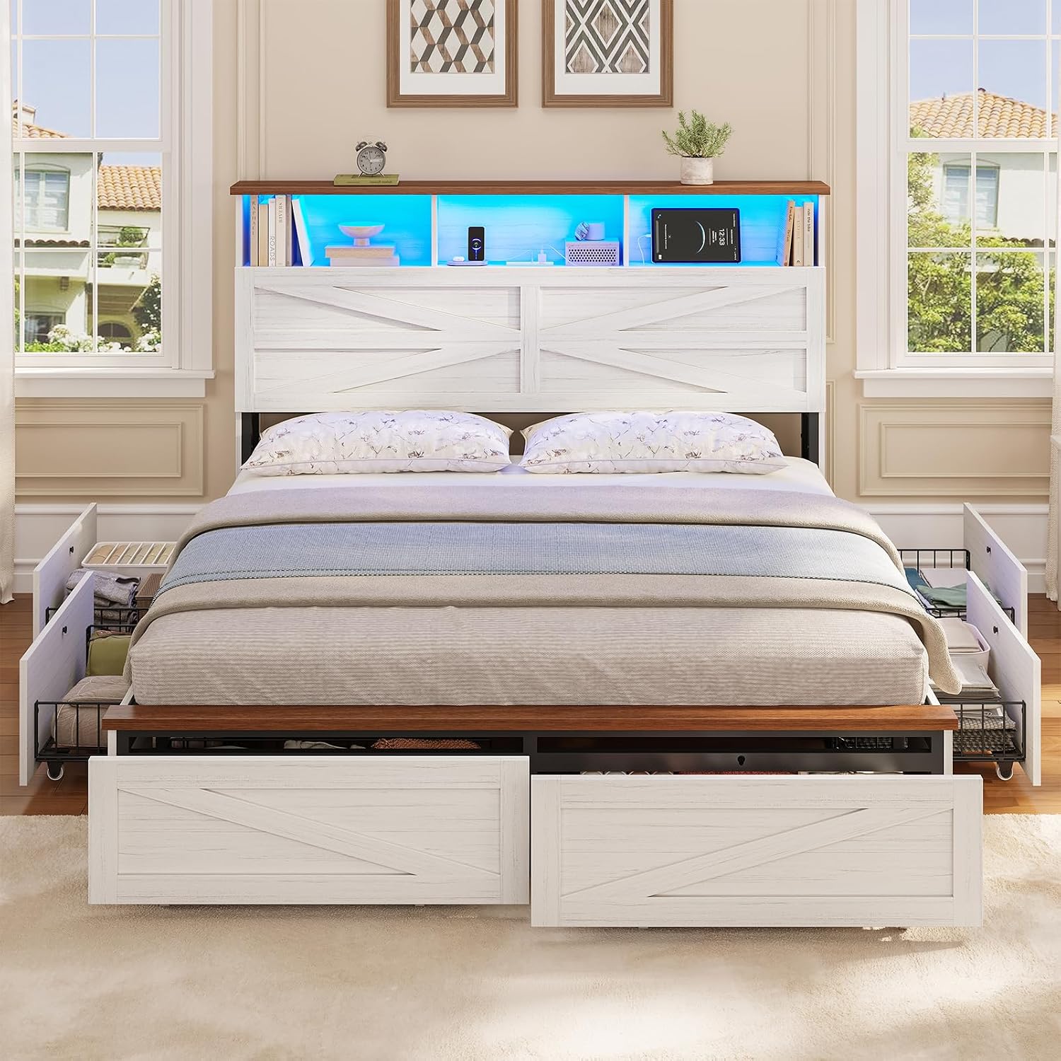 VIAGDO Full Size Bed Frame with 6 Drawers, Farmhouse Bed Frame with Barn Door Headboard and Storage, Wood Platform Bed Frame Full Size with Charging Station and LED Lights, No Box Spring Needed, White