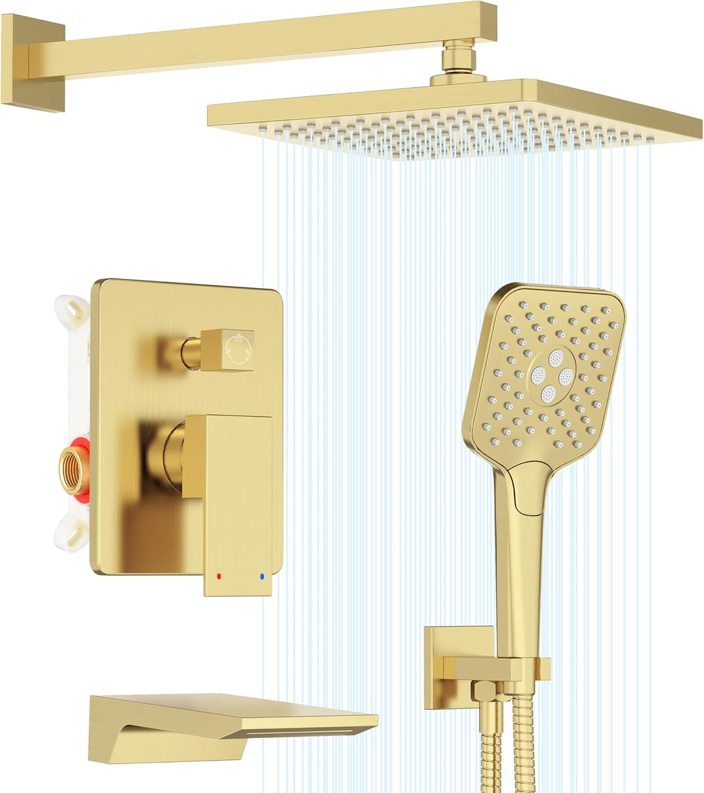 Gabrylly Shower System with Tub Spout, Wall Mounted Shower Faucet Set for Bathroom with High Pressure 10' Rain Shower head and 3-Setting Handheld Shower Head Set,Brushed Gold