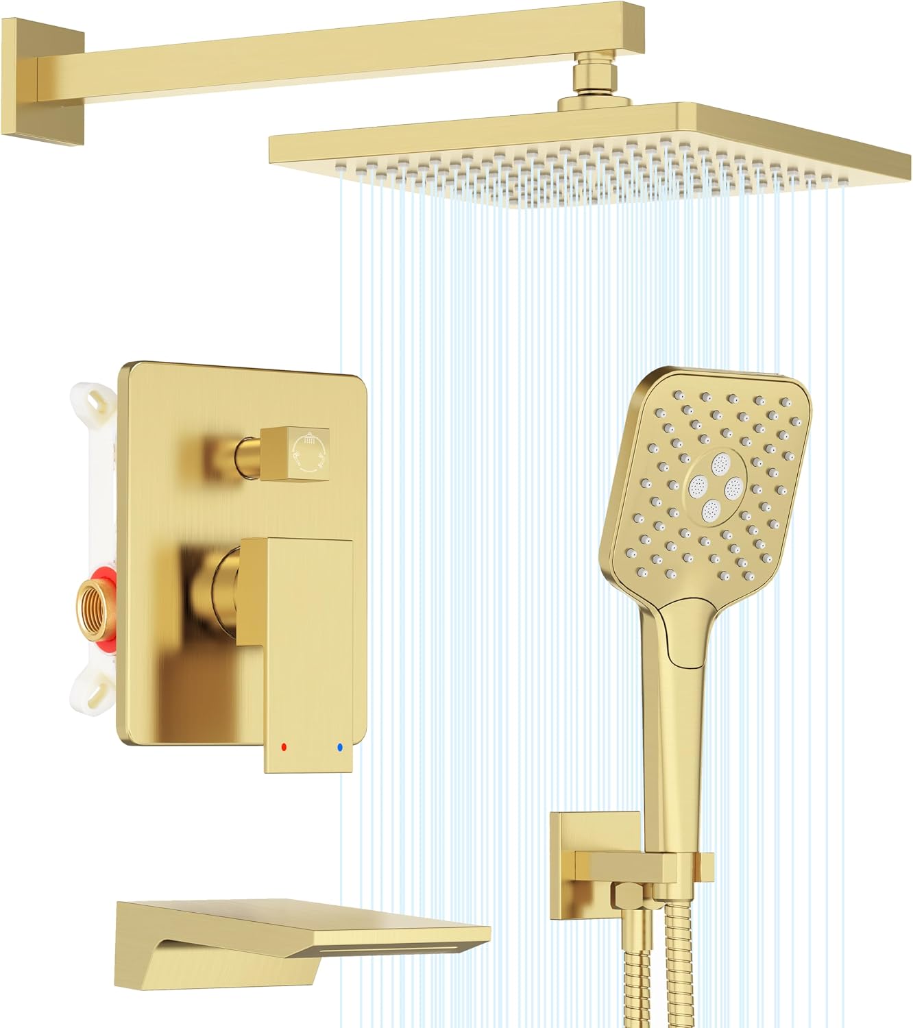 Gabrylly Shower System with Tub Spout, Wall Mounted Shower Faucet Set for Bathroom with High Pressure 10' Rain Shower head and 3-Setting Handheld Shower Head Set,Brushed Gold