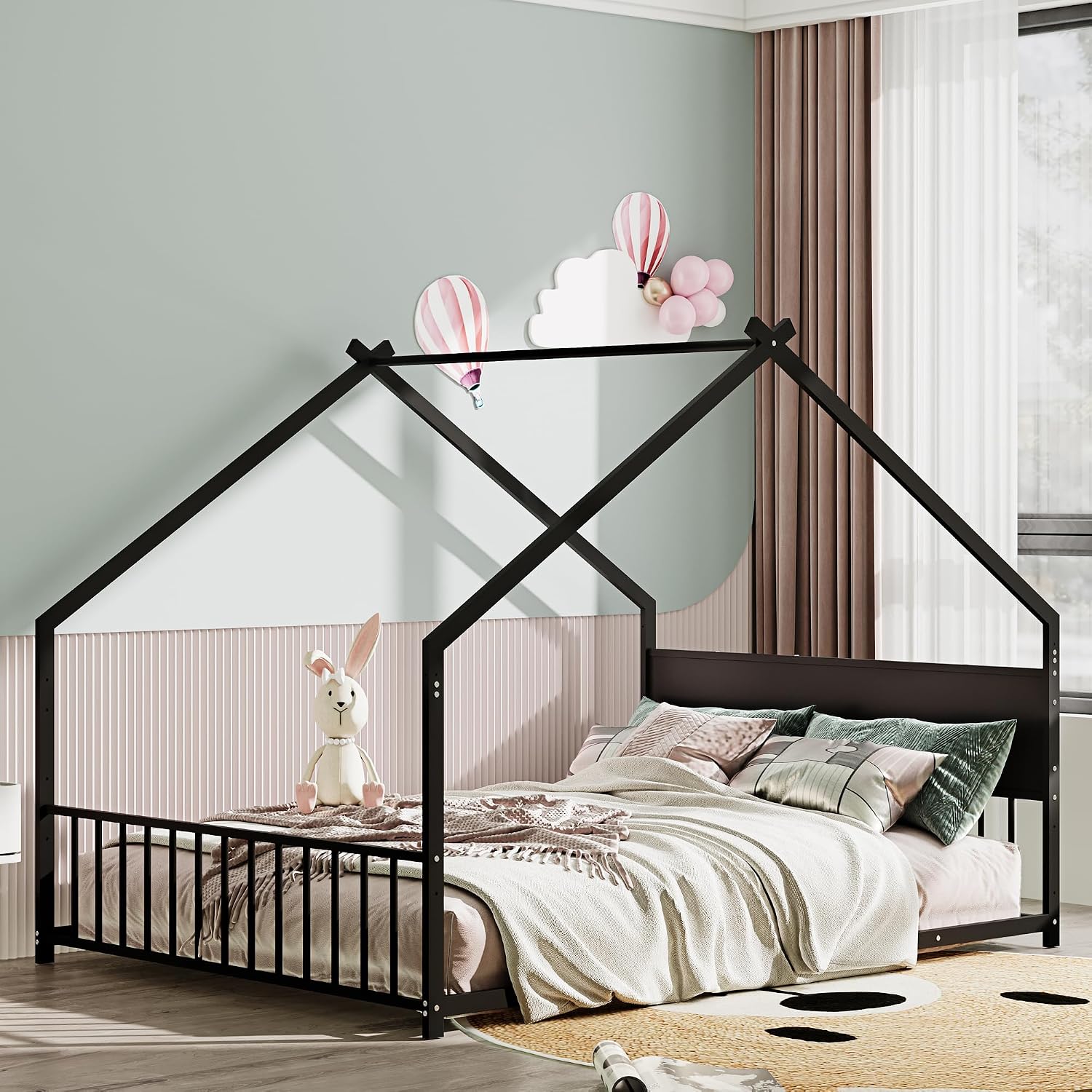 Bellemave Full Floor BedFrame with Slats for Kids, Metal Montessori Floor Beds with high headboard, Full House Bed for Kids, Black with roof and Lights