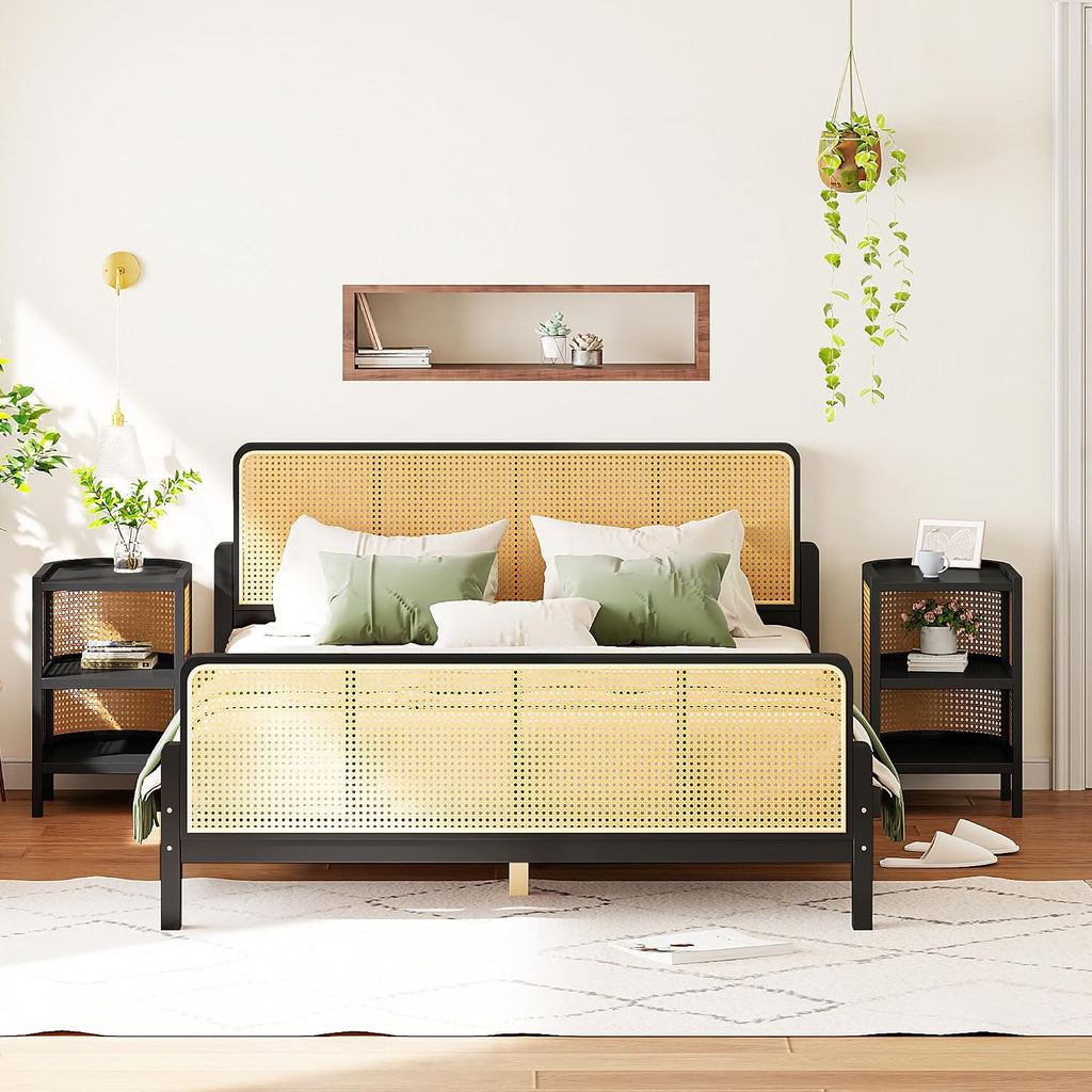 3-Pieces Bedroom Furniture Sets,Full Size Rattan Platform Bed with 2 Nightstands, Perfect for Teens Adults (Espresso/Rattan, Full)