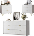 MAISONARIA 3-Piece Dresser Bedroom Set, 6 Drawer Dresser & 3 Drawer Dresser with Gold Handles, Fluted Wood Chest of Drawers for Bedroom, Living Room, Entryway, White