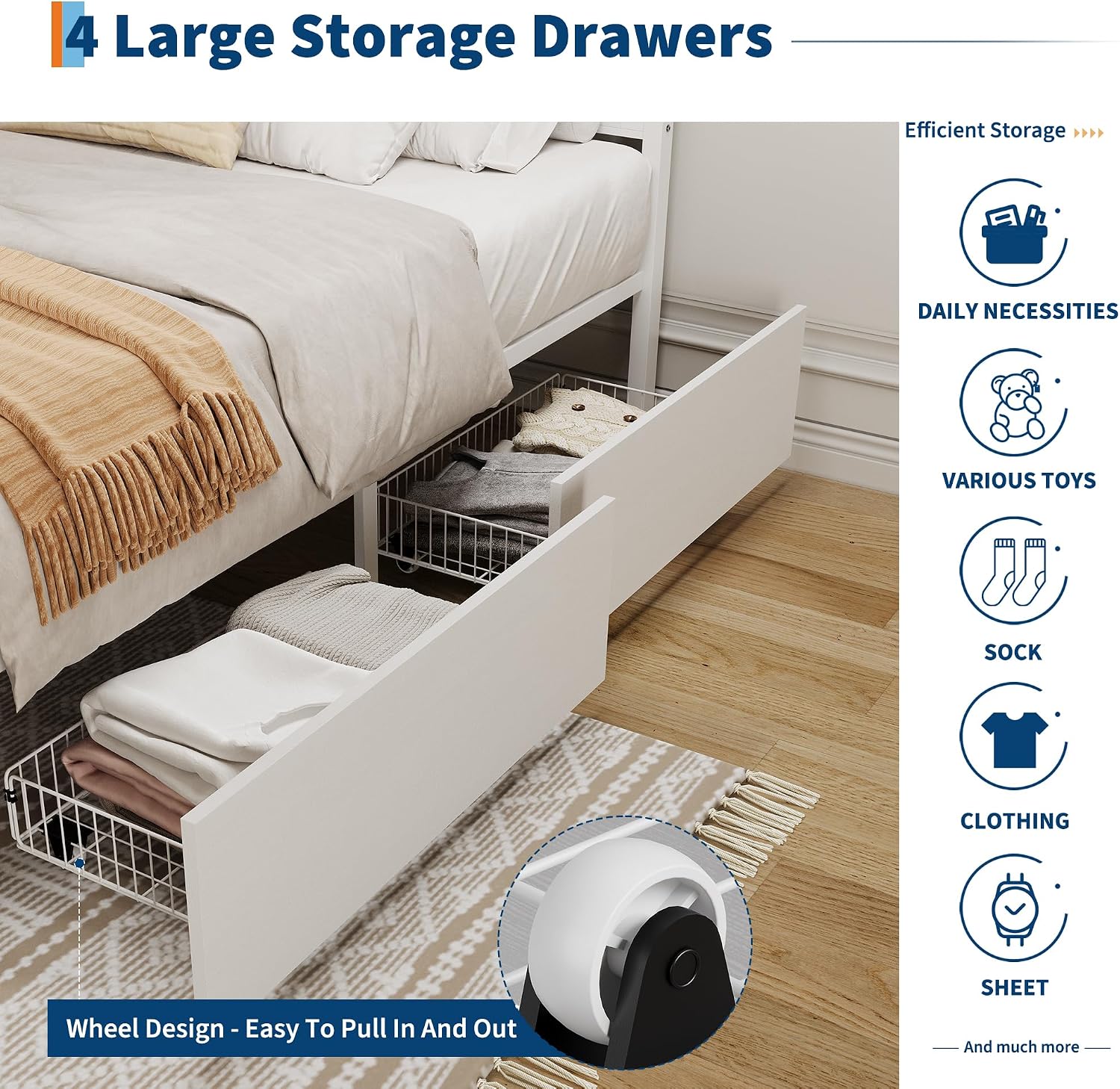 GarveeHome White Rattan Bed Frame with Headboard, Boho Cane Platform Full Size Bed Frame with 4 Drawers, Strong Metal Slats Support, Noise Free, No Box Spring Needed