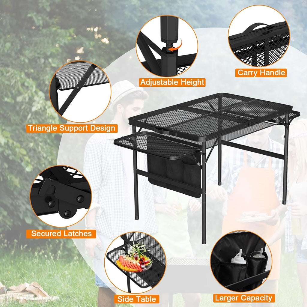 Portable Folding Picnic Table with Carry Handle, Outdoor Grill Camping Table with Mesh Bag, Side Tables, with Metal Grid Desktop Adjustable Height Folding Table, for Ninja Blackstone Flat Top Griddle