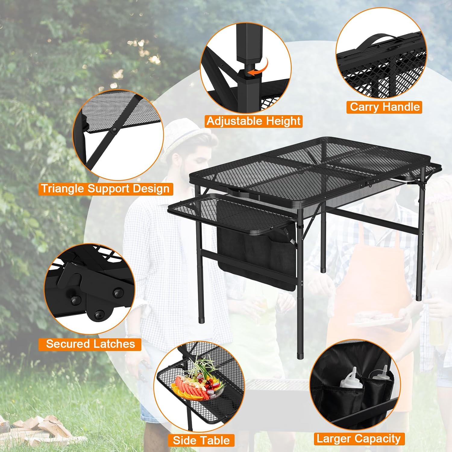 Portable Folding Picnic Table with Carry Handle, Outdoor Grill Camping Table with Mesh Bag, Side Tables, with Metal Grid Desktop Adjustable Height Folding Table, for Ninja Blackstone Flat Top Griddle