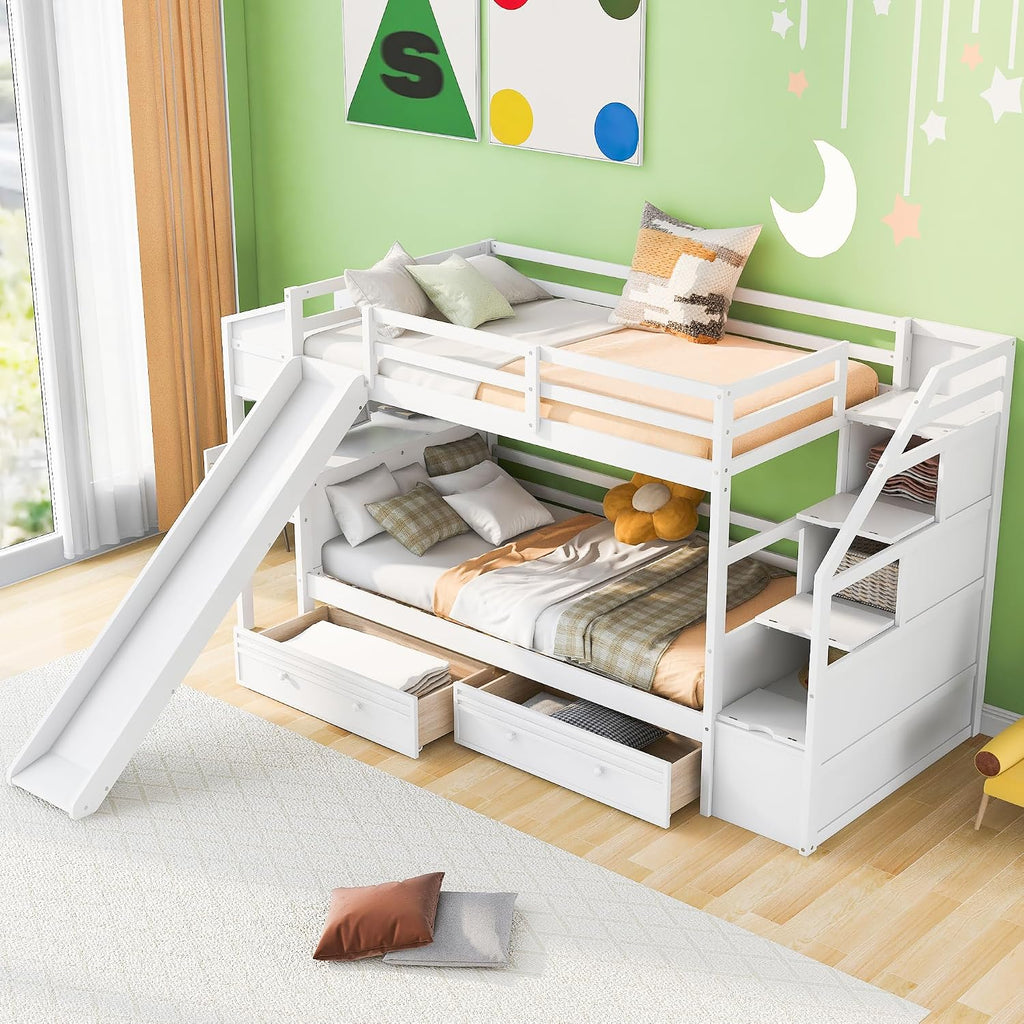 Merax Twin Over Twin Bunk Bed with Storage Staircase & Desk, Wood Bedframe with 2 Pull Out Drawers,Sturdy Bedroom Furniture Set for Boys Girls Teens (White)