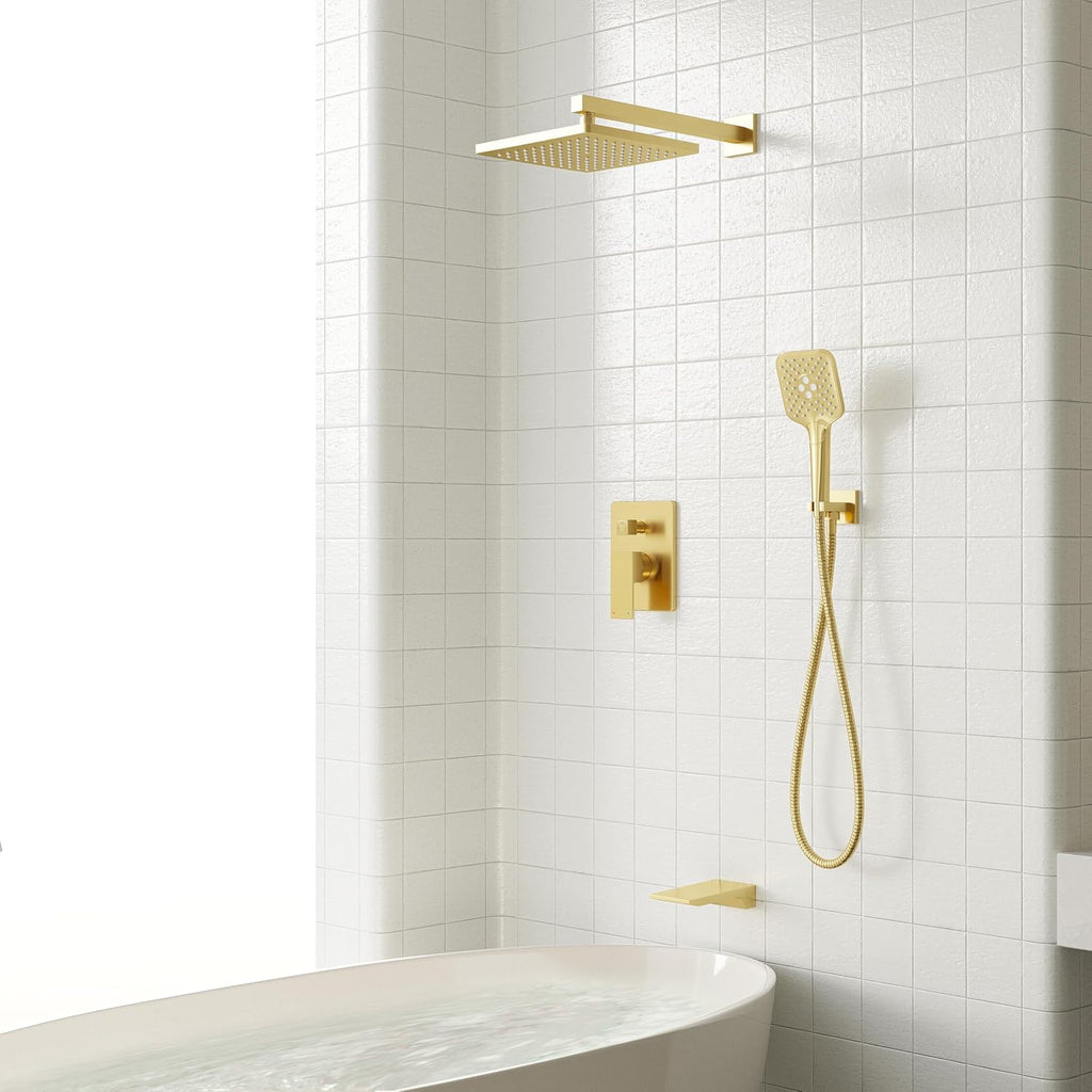 Gabrylly Shower System with Tub Spout, Wall Mounted Shower Faucet Set for Bathroom with High Pressure 10' Rain Shower head and 3-Setting Handheld Shower Head Set,Brushed Gold
