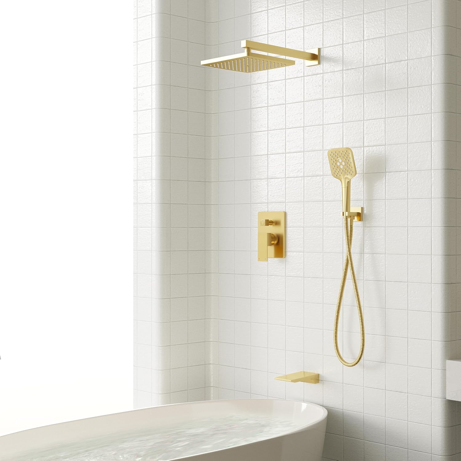 Gabrylly Shower System with Tub Spout, Wall Mounted Shower Faucet Set for Bathroom with High Pressure 10' Rain Shower head and 3-Setting Handheld Shower Head Set,Brushed Gold