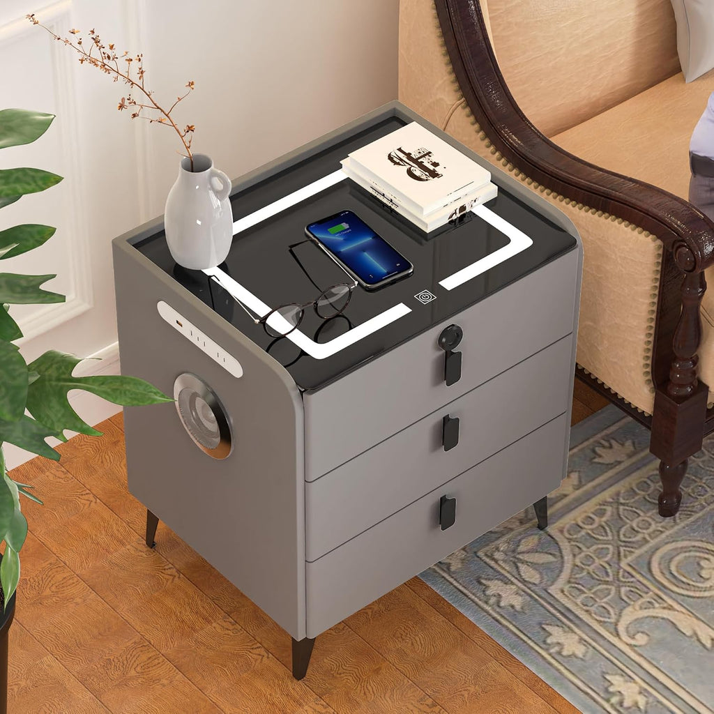 LED Nightstand with Fingerprint Lock, Modern Night Stand with Quiet Gun Drawers and Type C USB Ports, Wireless Charging Station, Storage End Table, Large Bedside Table for Dorm Bedroom, Grey