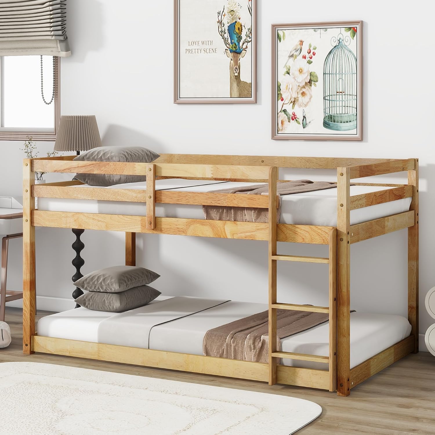 Bunk Bed Twin Over Twin, Floor Bunk Bed with Ladder, Safety Guard Rails, Heavy Duty Wooden Twin Bunk Beds Frame Low Bunkbeds No Box Spring Required, Natural