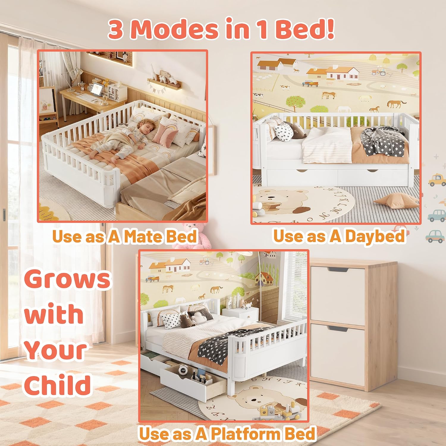Full Kids Bed with Storage Drawers & Rails, Wood Low Montessori Beds with Detachable Side Rails & Slats, Modern Daybed for Boys Girls Bedroom, Kids Full Platform Bed, White