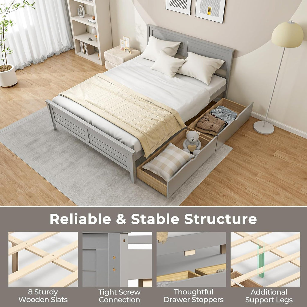 Giantex Wood Full Size Bed Frame with 2 Storage Drawers, Solid Wood Platform Bed with Headboard, Wooden Slats Mattress Foundation, No Spring Needed, Full Bed Frame for Kids, Teens, Adults, Grey