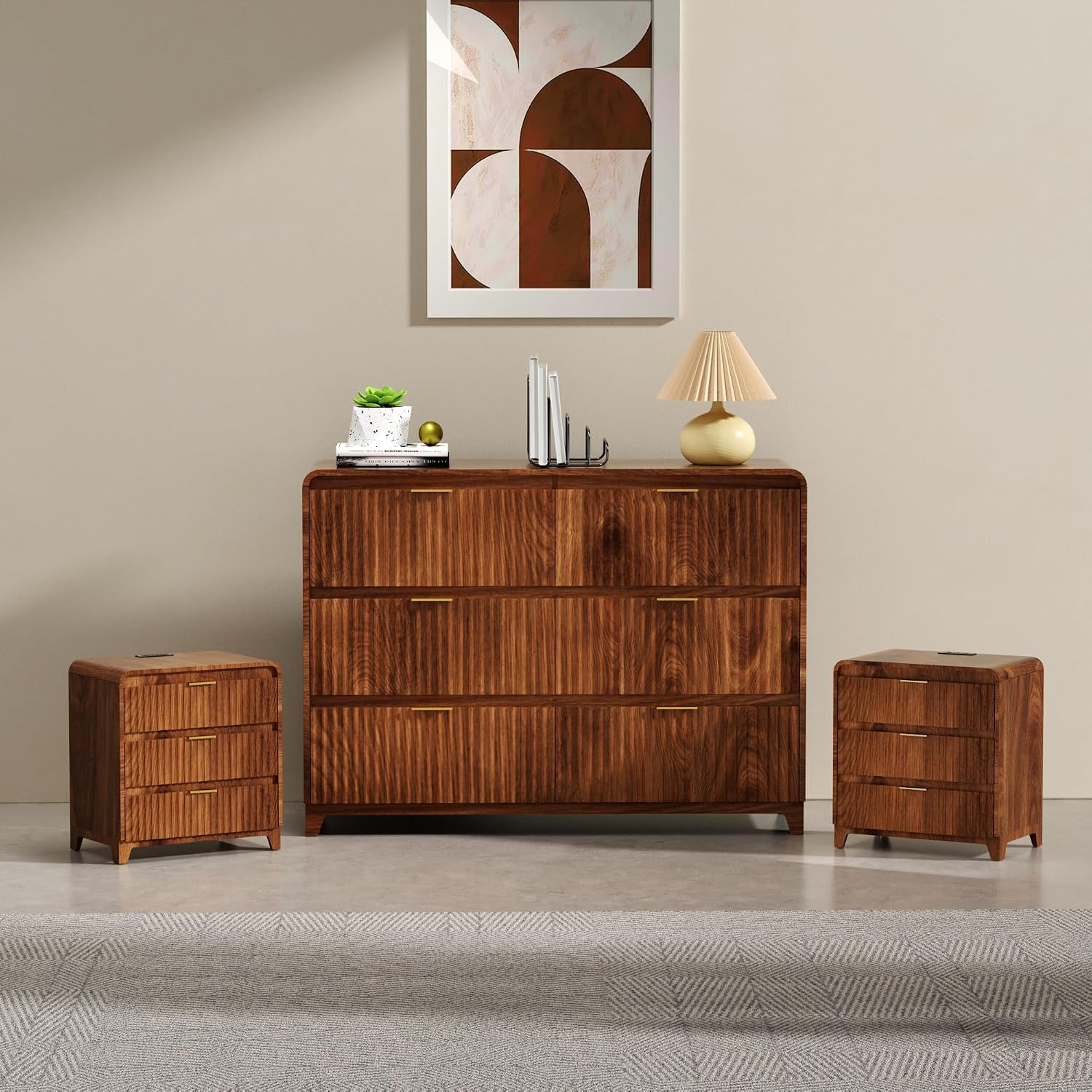8 Drawer Dresser and 2 Nightstand Sets for Bedroom 3 Pcs Bedroom Set, Modern 39.4' Fluted Dresser with Invisible Handles Nightstand Charging Station, Bedroom Furniture Set for Living Room, Natural Oak