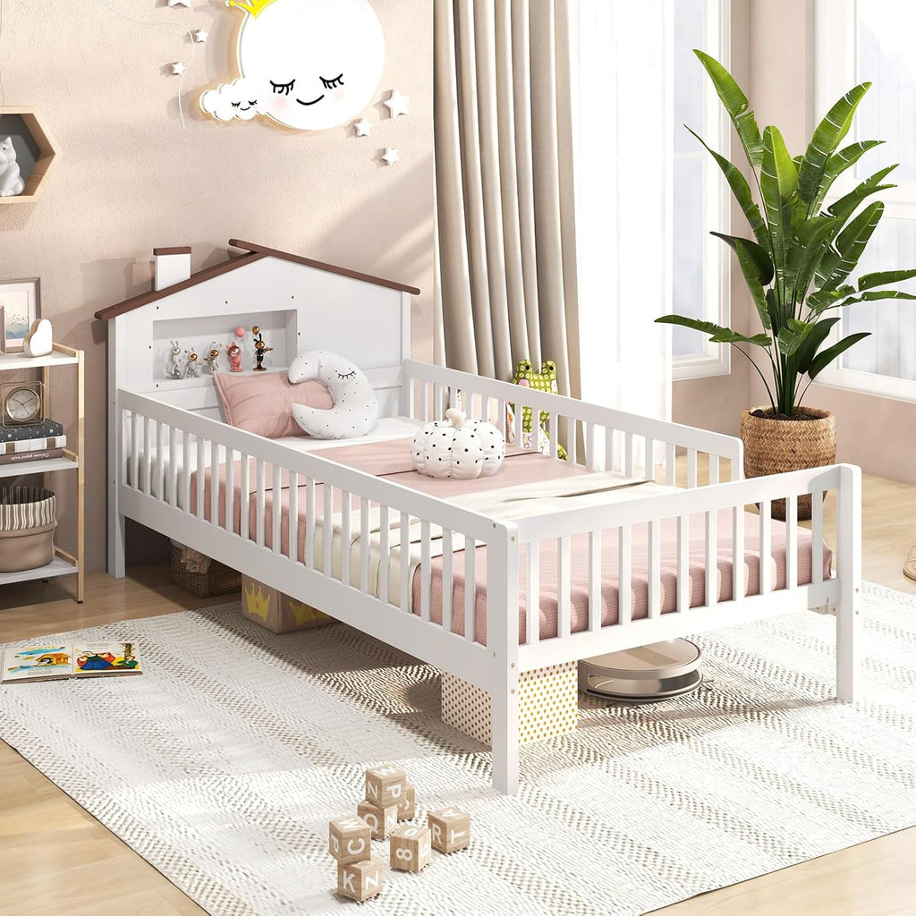 KOMFOTT Twin Bed Frame with Rails & House Shaped Headboard, Solid Wood Platform Bed with Safety Guardrails, Storage Cube & Under-Bed Storage, No Box Spring Needed, Twin Bed with Rails (White)