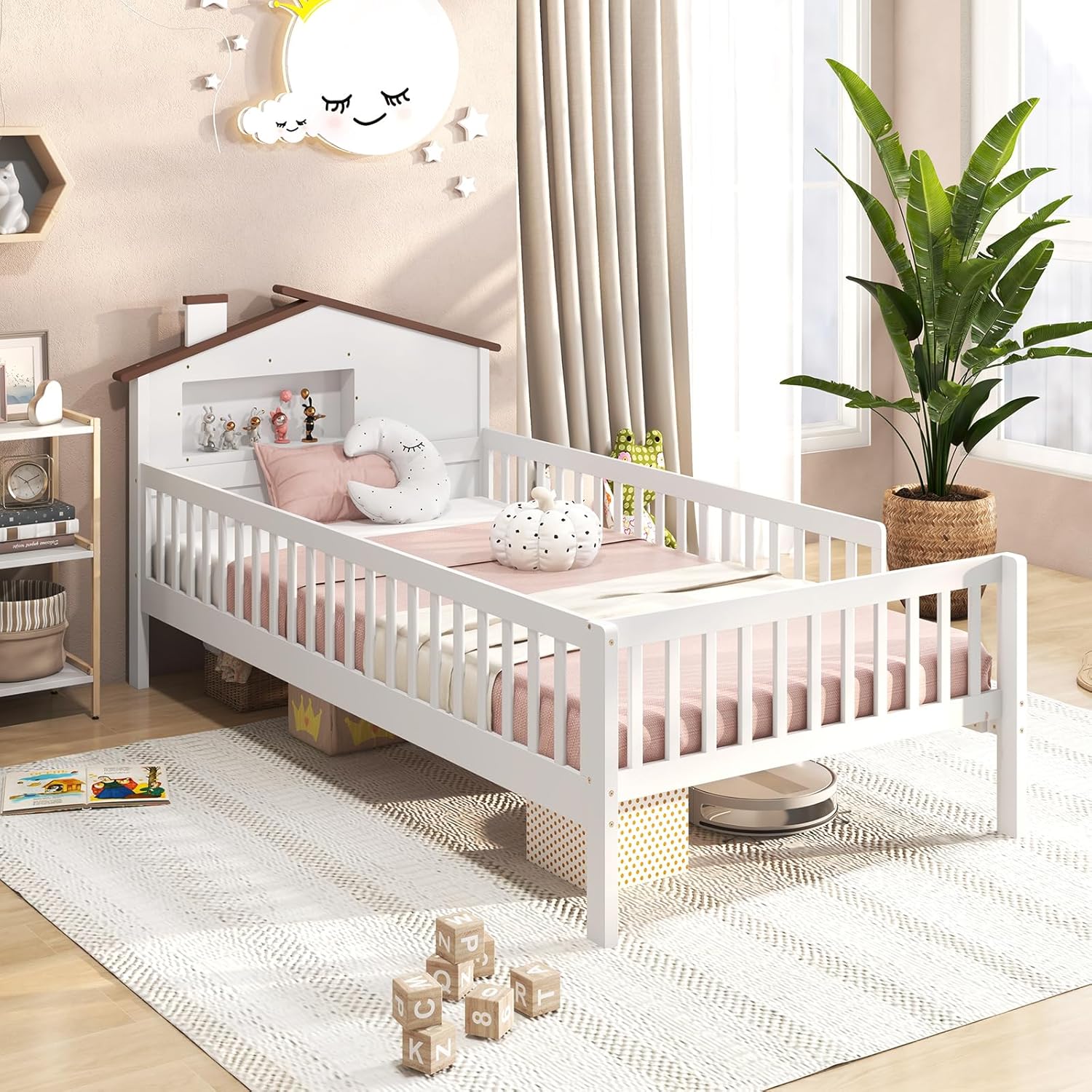 KOMFOTT Twin Bed Frame with Rails & House Shaped Headboard, Solid Wood Platform Bed with Safety Guardrails, Storage Cube & Under-Bed Storage, No Box Spring Needed, Twin Bed with Rails (White)