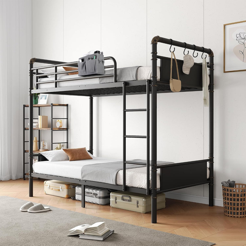 Jocoevol Metal Bunk Bed Twin Over Twin, Industrial Bunkbeds Heavy Duty Bed with Safety Guard Rails and Space-Saving Design, Steel Bed for School, Bedroom (Black)